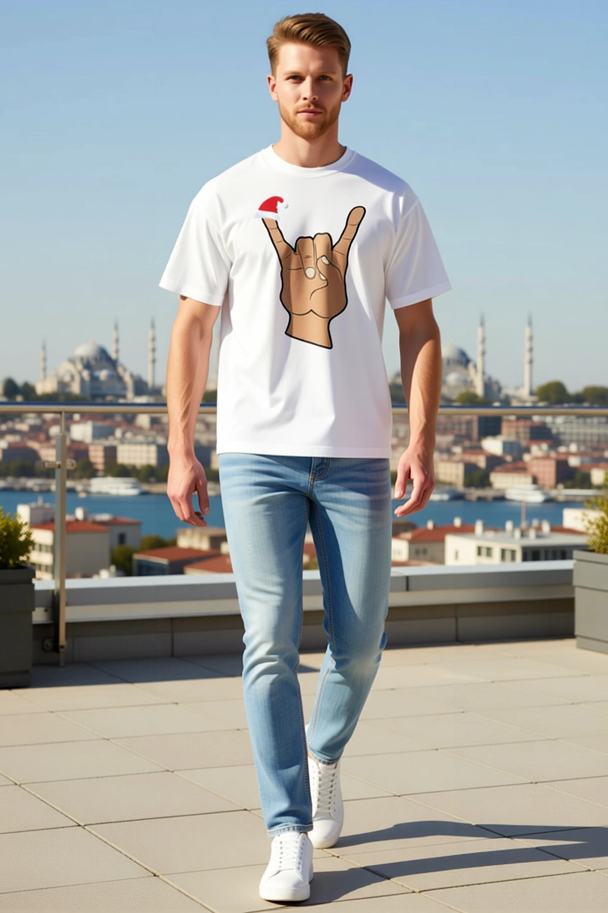 Erkek Yılbaşı Noel Şapkalı Rock El İşareti Baskılı Oversize Bisiklet Yaka Kısa Kollu Tişört Rahat