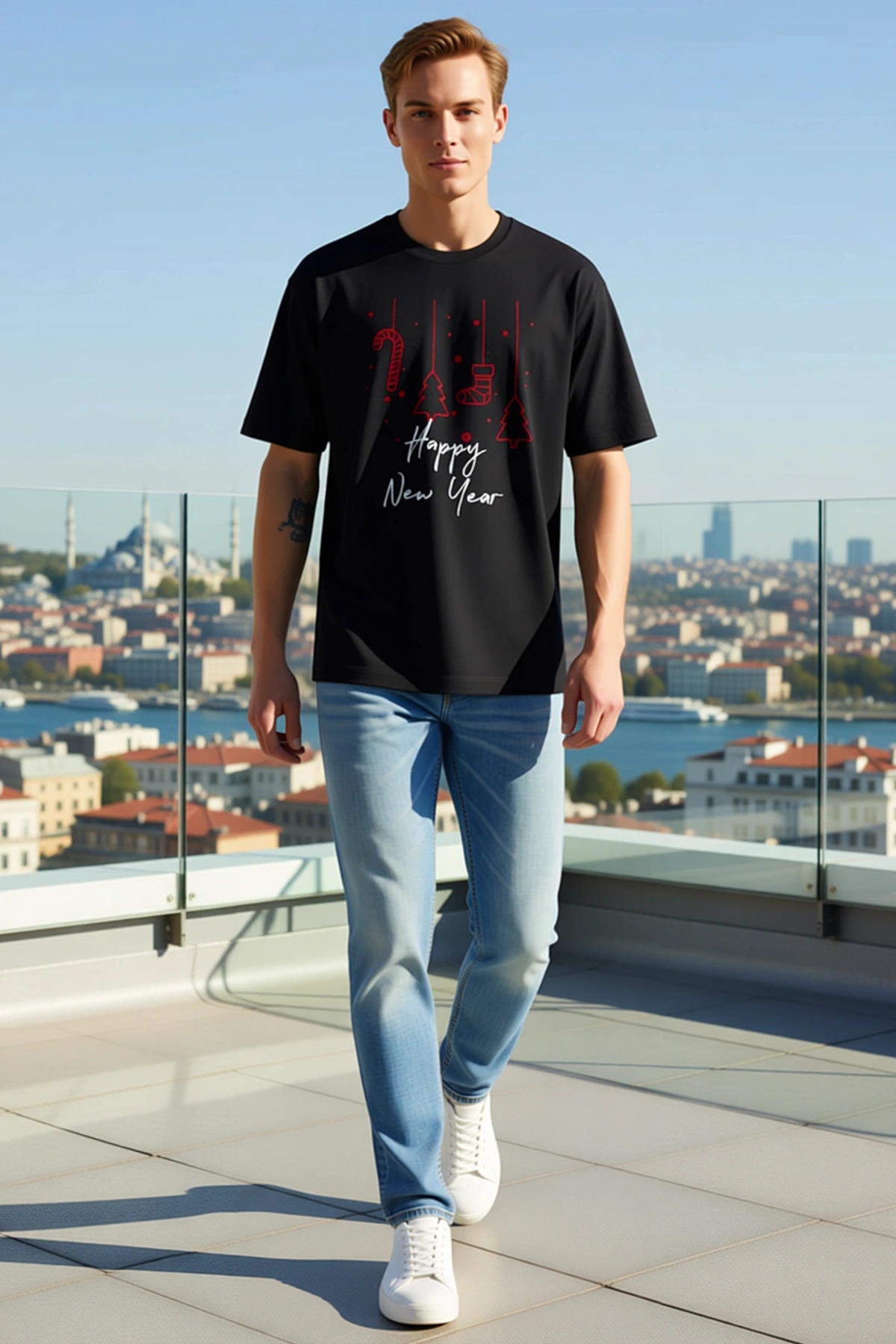 Erkek Yılbaşı Happy New Year Şeker Çubuğu Çam Ağacı Çorap Baskılı Oversize Bisiklet Yaka Tişört