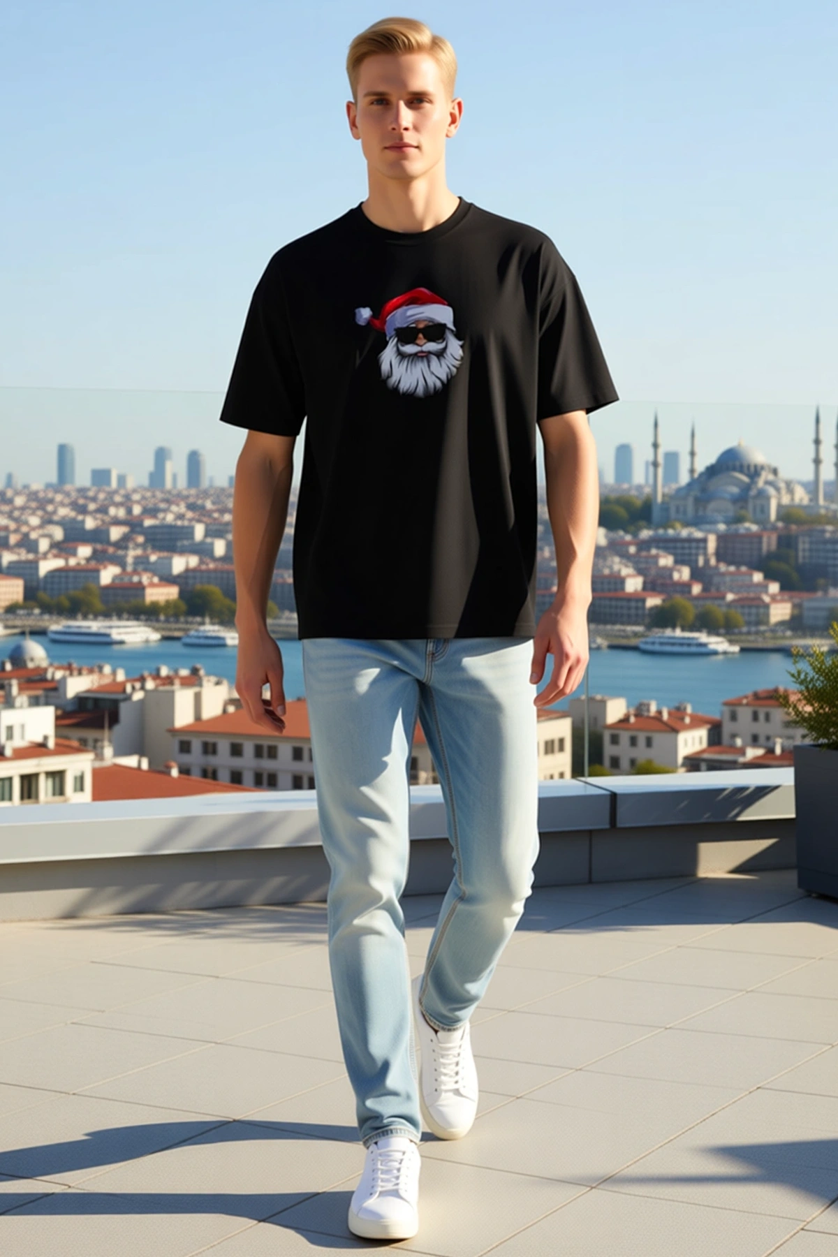Erkek Yılbaşı Gözlüklü Noel Baba Yüz Baskılı Oversize Bisiklet Yaka Düşük Omuzlu Kısa Kollu Tişört