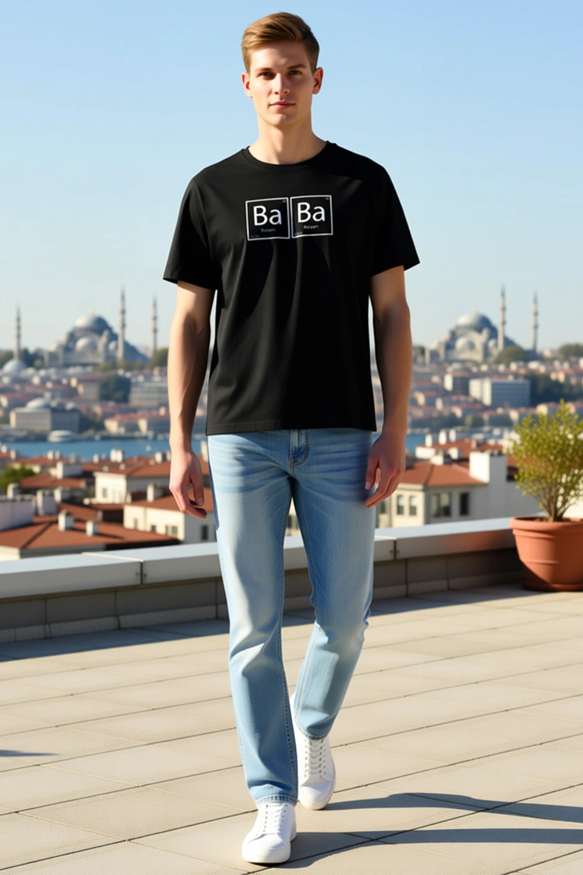 Erkek Babalar Günü Element Tablosu Baryum Baba Yazılı Baskılı Oversize Bisiklet Yaka Tişört Rahat