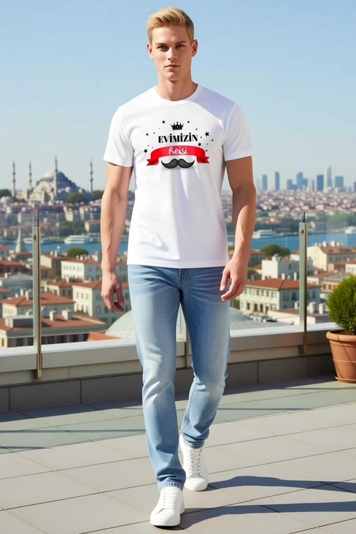 Erkek Babalar Günü Evimizin Reisi Yazılı Bıyık Taç Baskılı Oversize Bisiklet Yaka Kısa Kollu Tişört