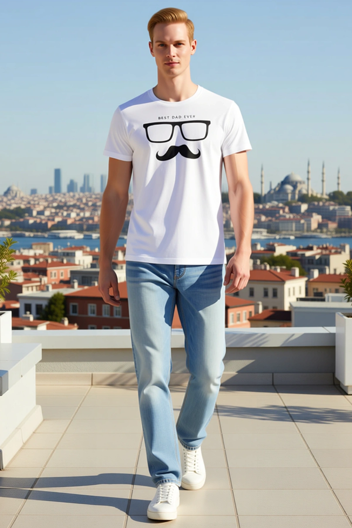 Erkek Babalar Günü Best Dad Ever Yazılı Gözlük Bıyık Baskılı Oversize Bisiklet Yaka Tişört Rahat