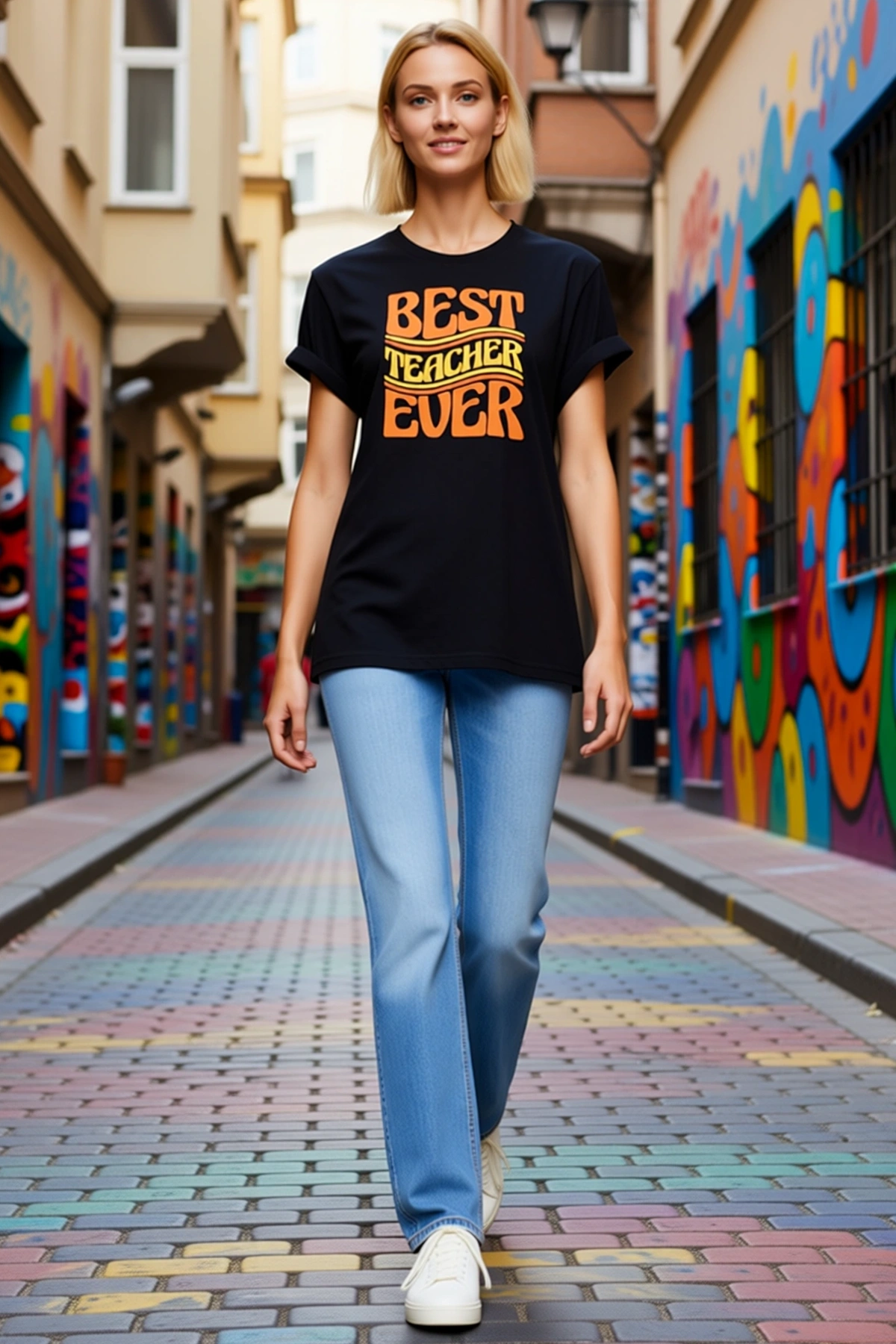 Kadın Öğretmenler Günü Best Teacher Ever Yazılı Baskılı Oversize Bisiklet Yaka Kısa Kollu Tişört