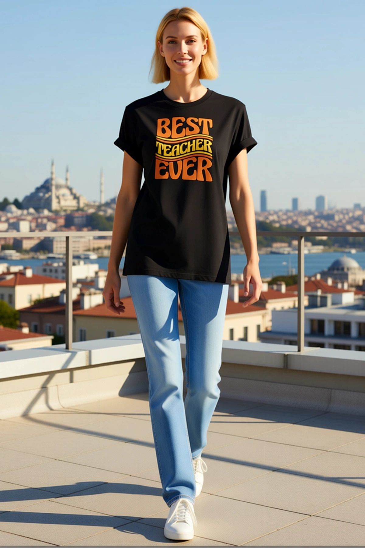 Kadın Öğretmenler Günü Best Teacher Ever Yazılı Baskılı Oversize Bisiklet Yaka Kısa Kollu Tişört