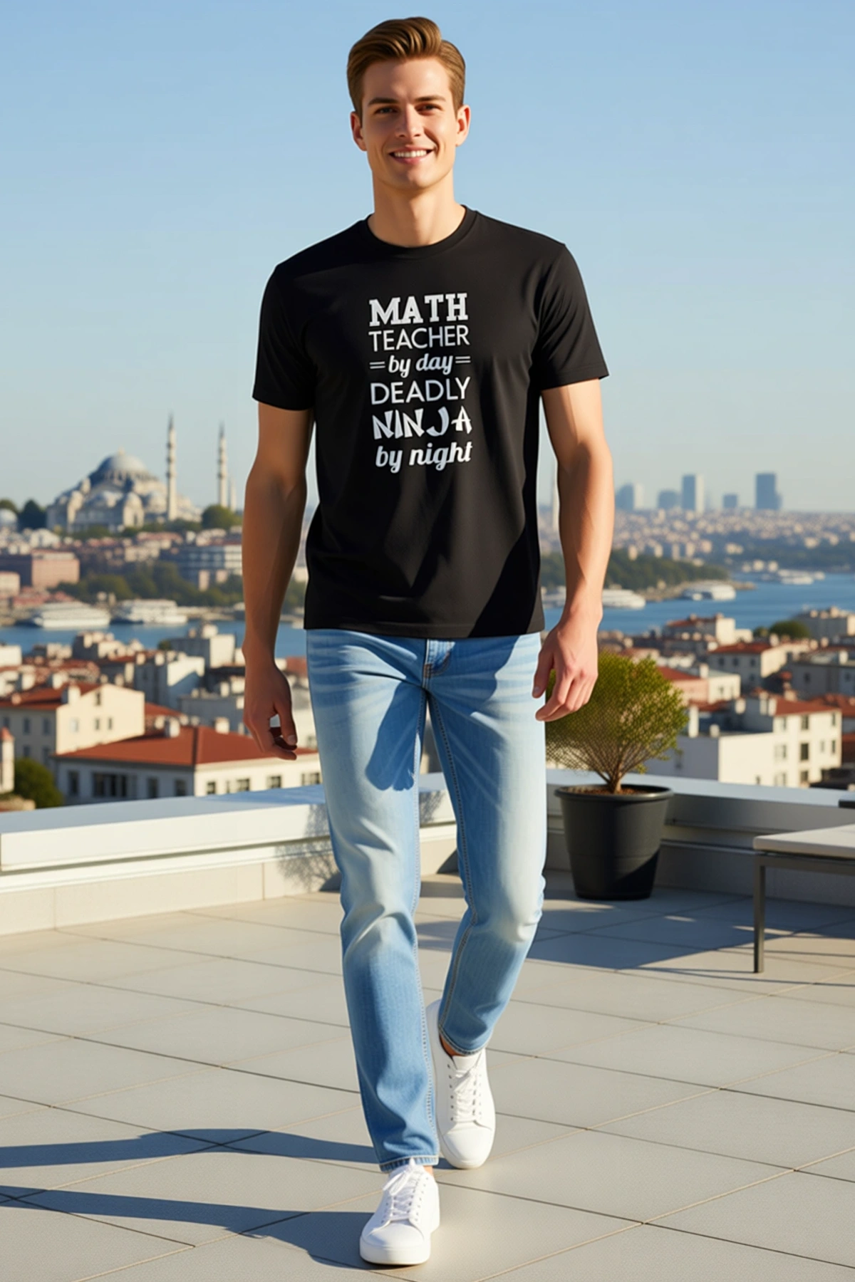 Erkek Oversize Bisiklet Yaka Matematik Öğretmeni Ninja Baskılı Öğretmenler Günü Hediyesi Tişört