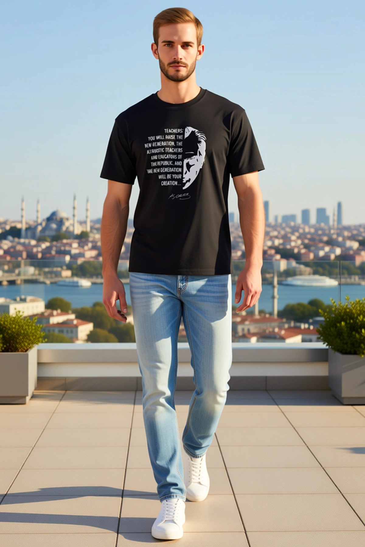 Erkek Bisiklet Yaka Atatürk Silüeti ve İmzası Baskılı Öğretmenler Günü Temalı Kısa Kollu Tişört
