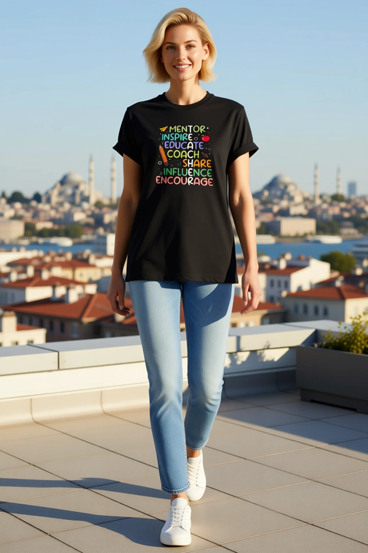 Kadın Oversize Bisiklet Yaka Mentor Inspire Educate Yazılı Öğretmenler Günü Hediye Temalı Tişört