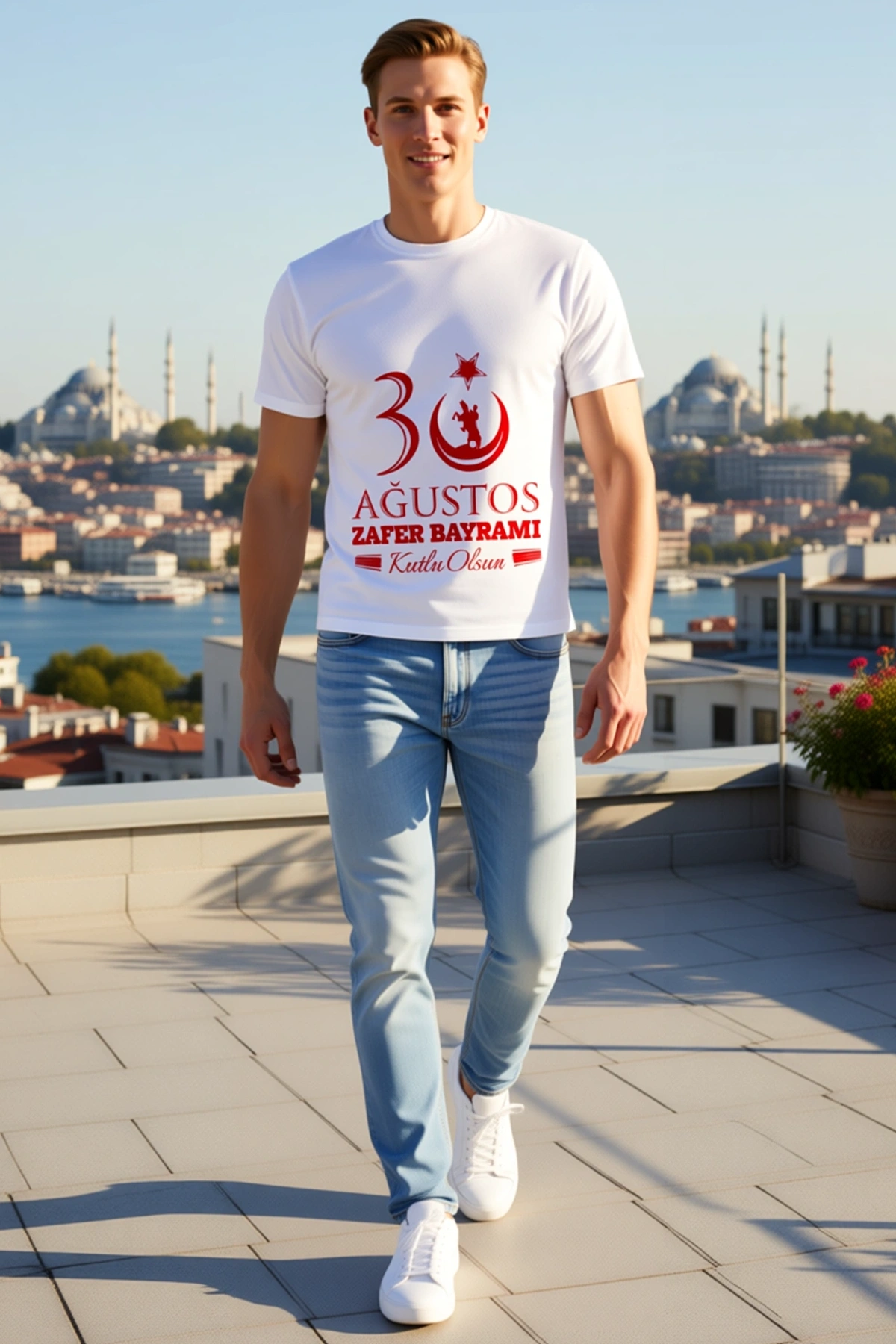 Erkek Oversize Bisiklet Yaka Ağustos Zafer Bayramı Ay Yıldız Atlı Silüetli Baskılı Kısa Kollu Tişört