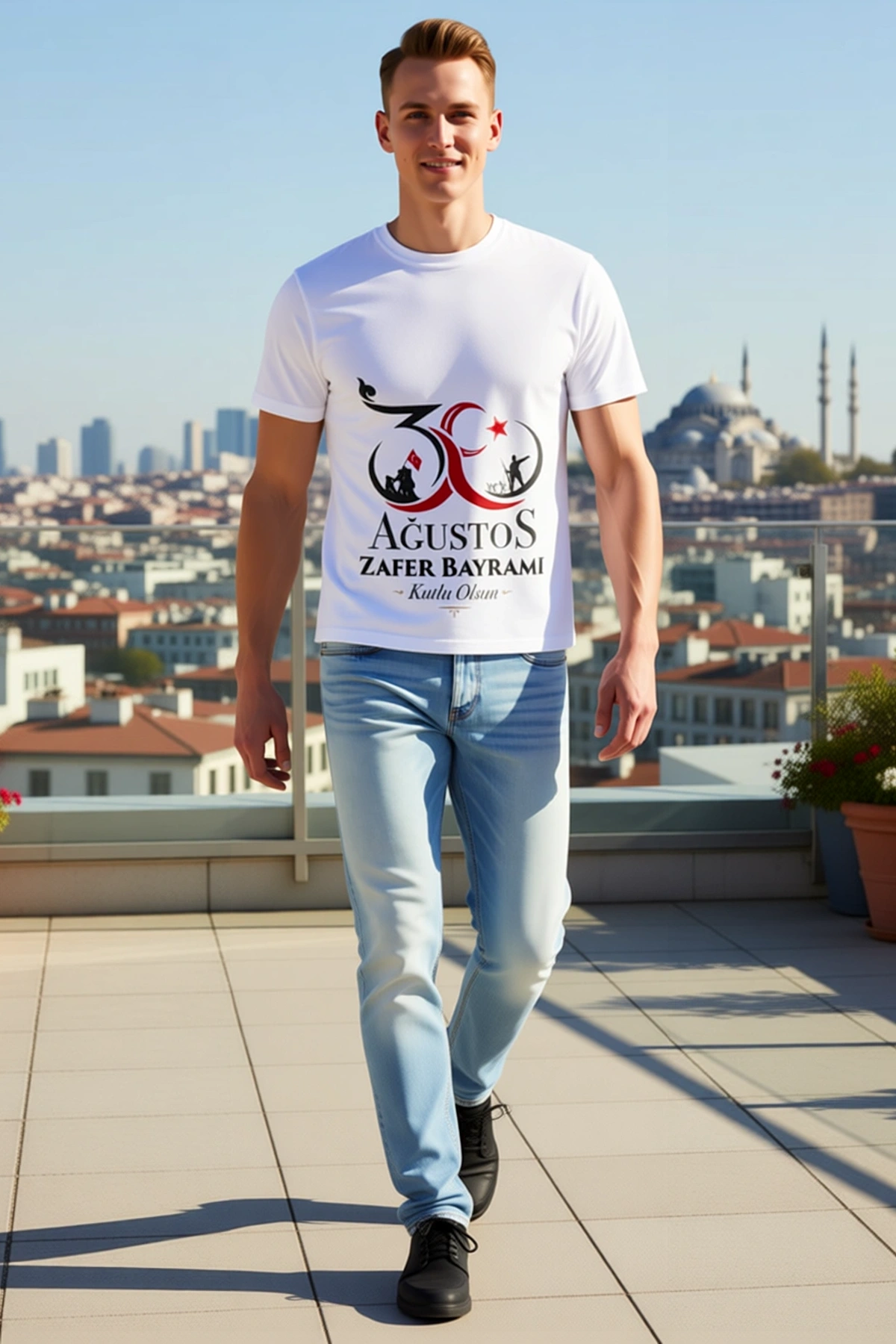 Erkek Oversize Bisiklet Yaka Zafer Bayramı Bayraklı Asker Silüetli Ağustos Baskılı Kısa Kollu Tişört