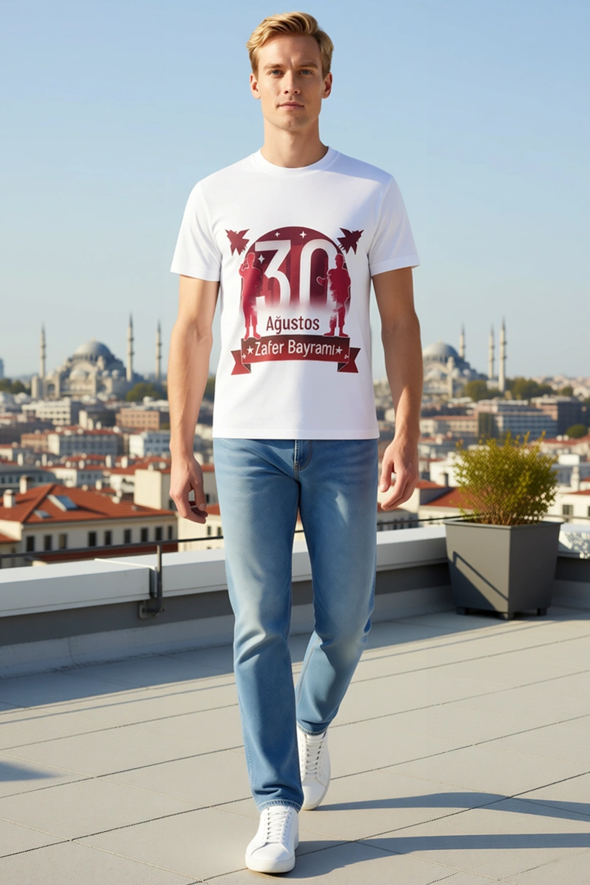 Erkek Bisiklet Yaka Ağustos Zafer Bayramı Asker Silüetli Savaş Uçaklı Kurdeleli Baskılı Rahat Tişört