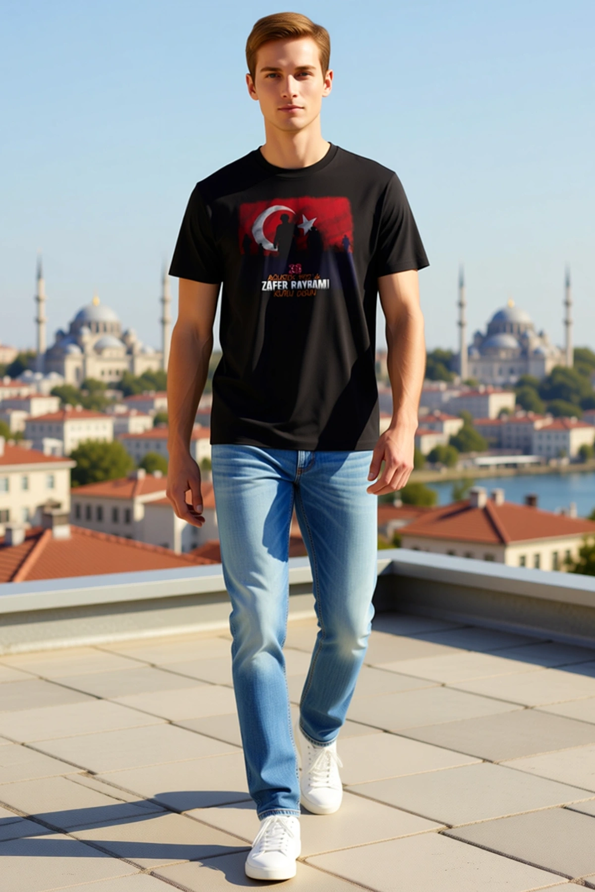 Erkek Oversize Bisiklet Yaka Türk Bayrağı Asker Silüetli Zafer Bayramı Kutlu Olsun Baskılı Tişört