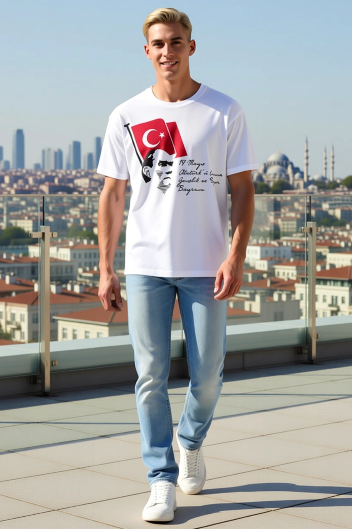 Erkek Oversize Bisiklet Yaka Türk Bayrağı Atatürk Portreli Gençlik ve Spor Bayramı Baskılı Tişört