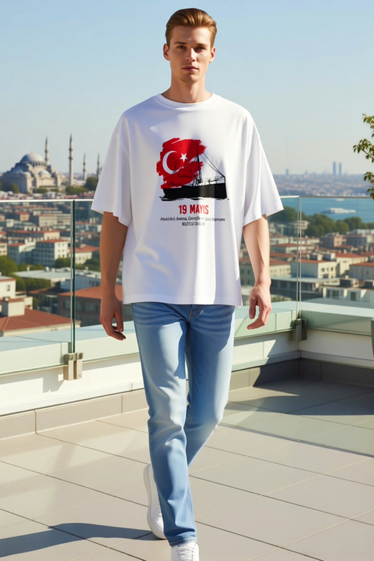 Erkek Oversize Düşük Omuz Bisiklet Yaka Samsun Gemisi ve Bayrak Desenli Gençlik Bayramı Rahat Tişört