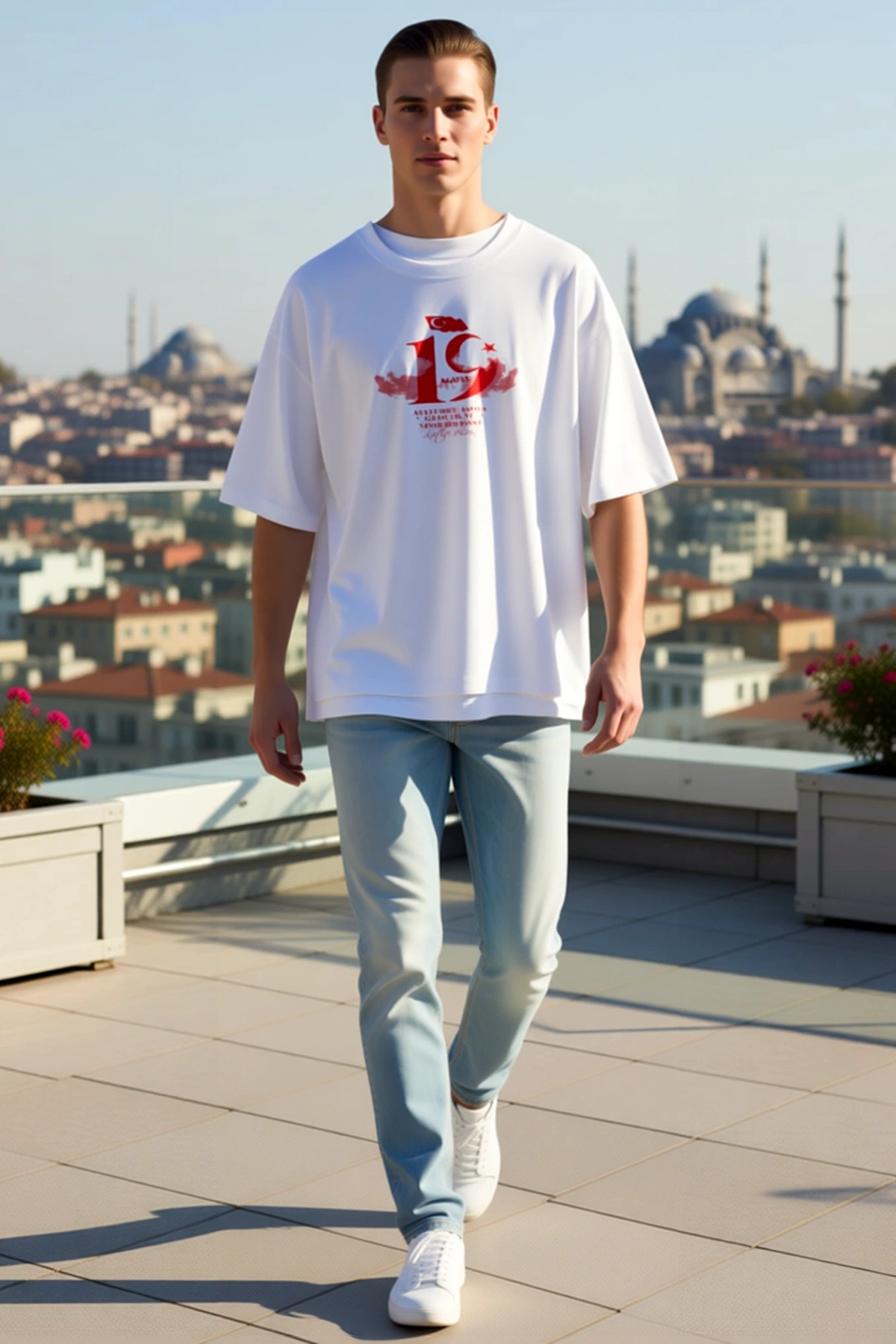 Erkek Oversize Bisiklet Yaka Dalgalanan Bayraklı Anadolu Haritası Desenli Bayram Baskılı Tişört