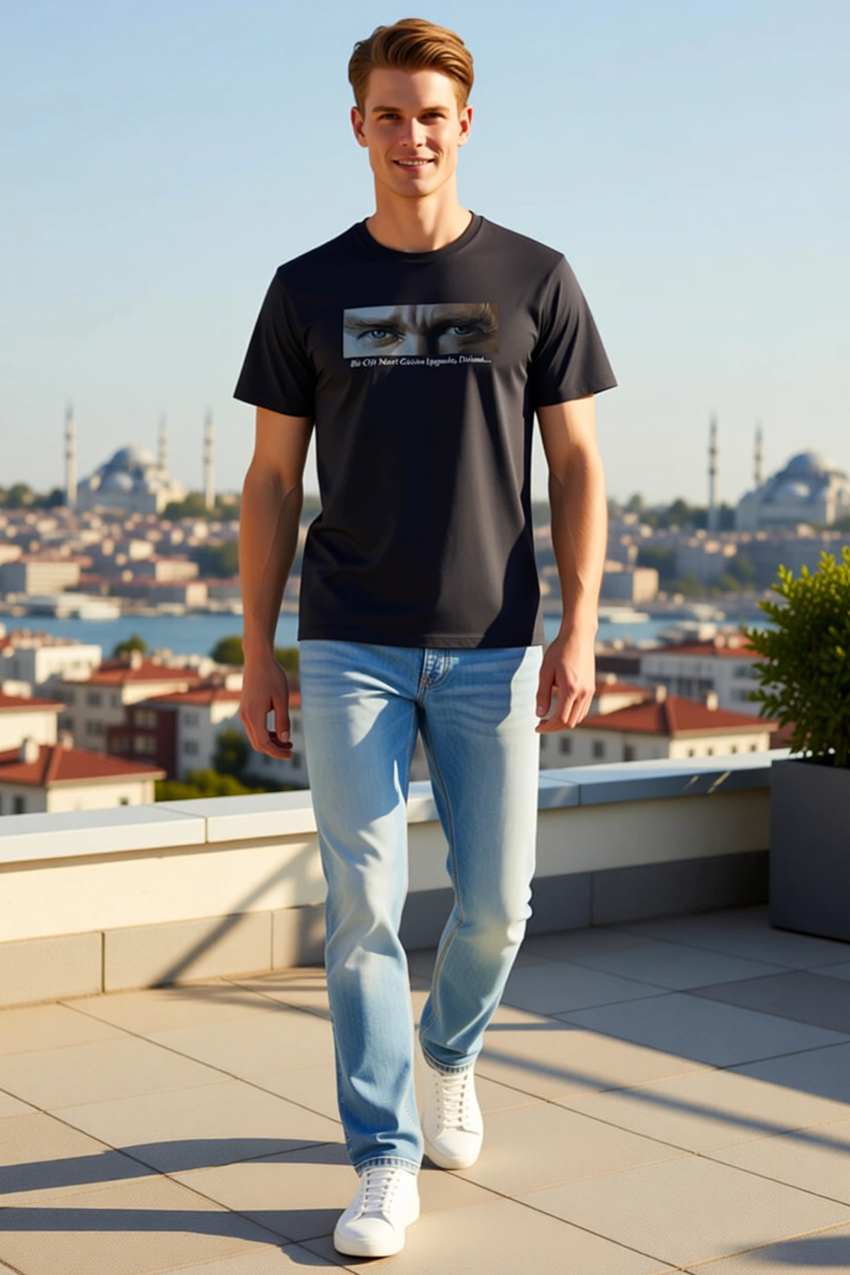 Erkek Bisiklet Yaka Atatürk Gözleri Görselli Işığında Daima Yazılı Anma Günü Baskılı Rahat Tişört