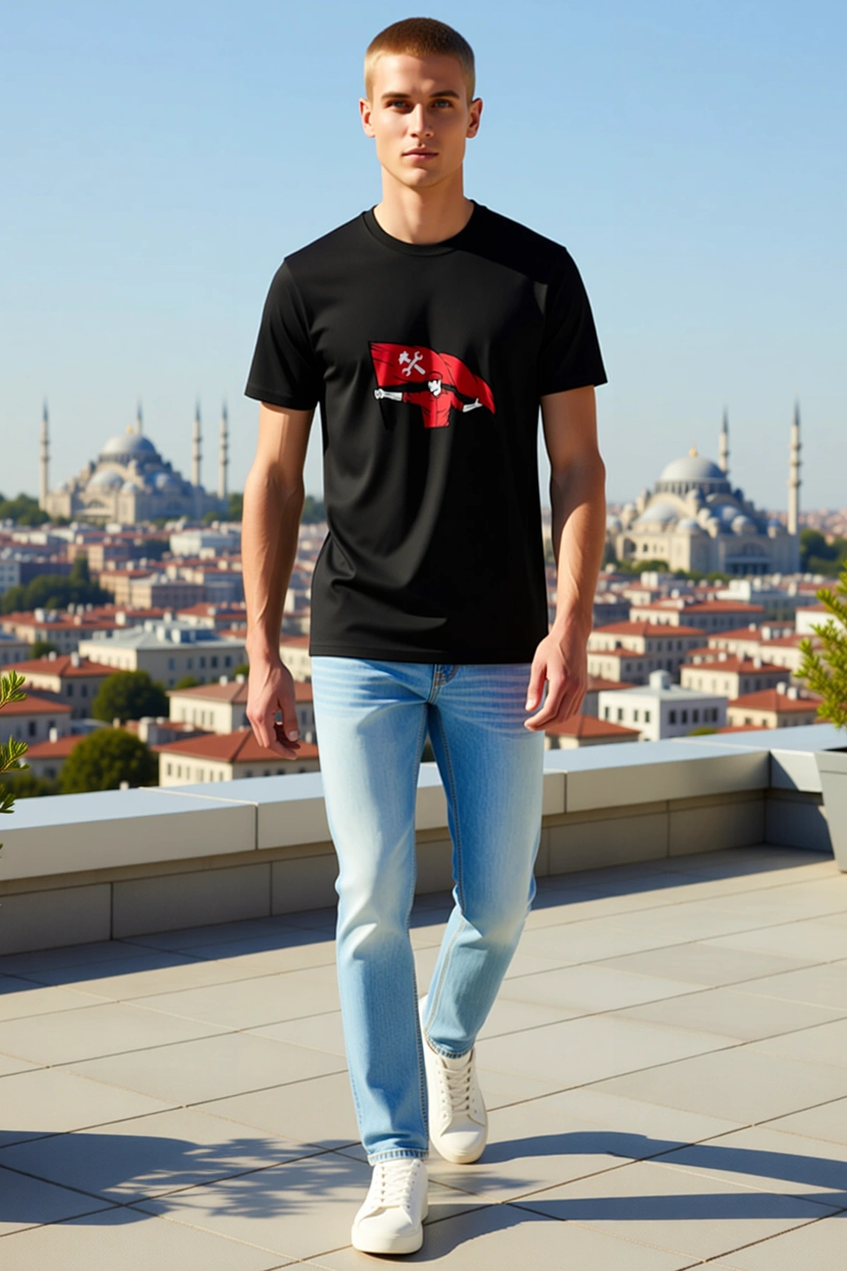 Erkek Bisiklet Yaka Kısa Kollu Tişört Bayrak Taşıyan Emekçi Figürlü Emek ve Dayanışma Temalı Günlük