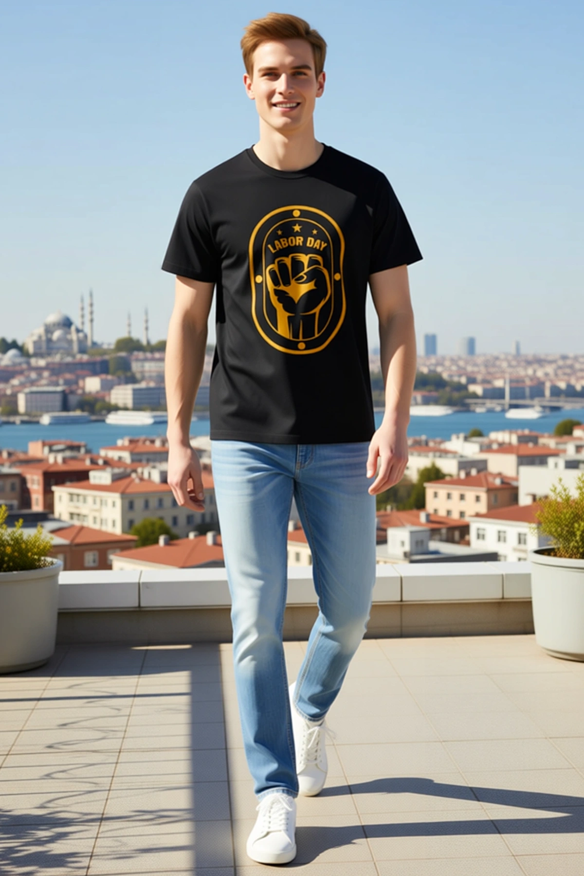 Erkek Oversize Bisiklet Yaka Kısa Kollu Tişört Yumruk Figürlü Rozet Desenli Emekçi Temalı Günlük