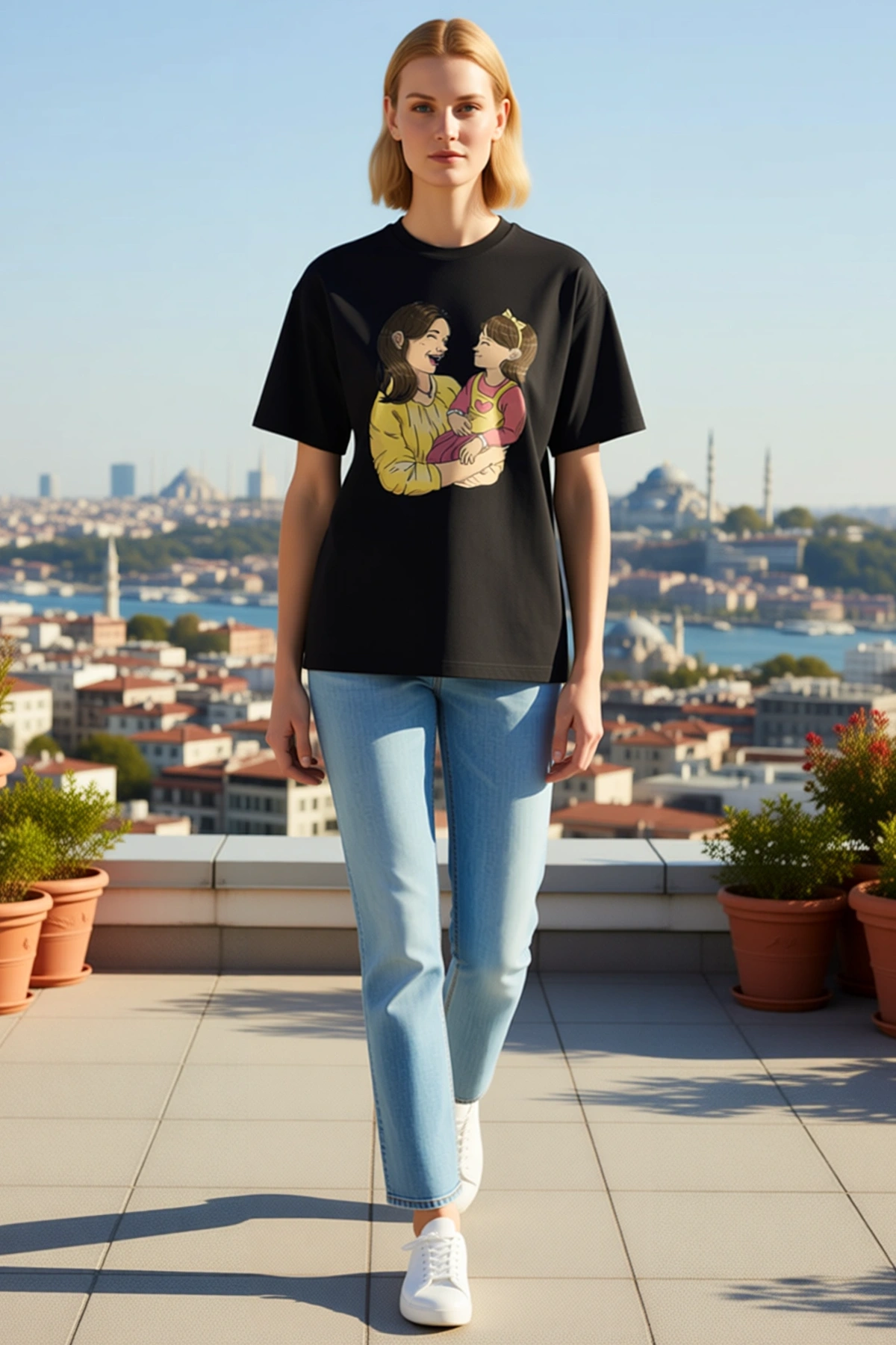 Kadın Oversize Bisiklet Yaka Kısa Kollu Tişört Anne Kız İllüstrasyon Baskılı Anneler Günü Temalı