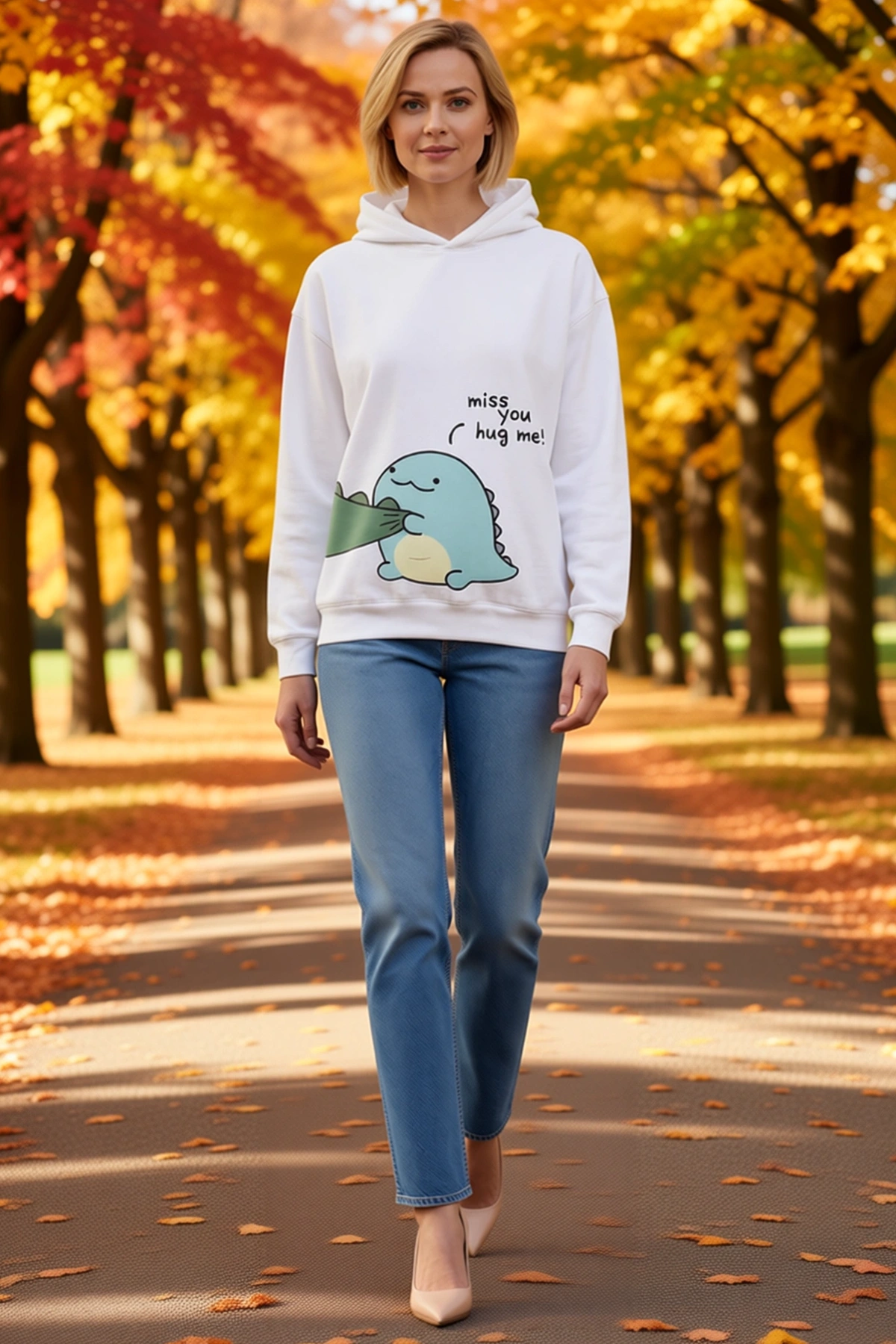 Kadın Oversize Kapüşonlu Sweatshirt Sırt Baskılı Sevimli Dinozor Figürlü Sevgililer Günü Temalı