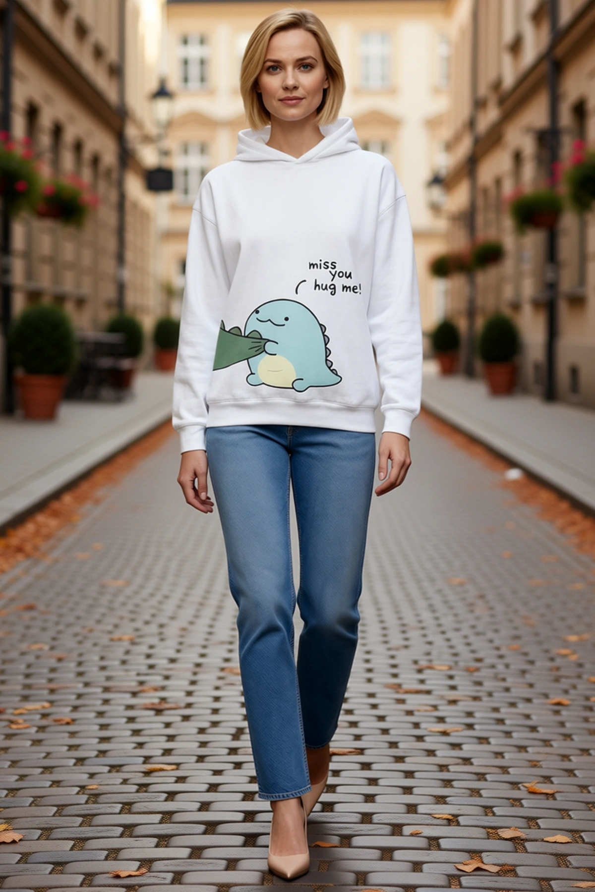 Kadın Oversize Kapüşonlu Sweatshirt Sırt Baskılı Sevimli Dinozor Figürlü Sevgililer Günü Temalı