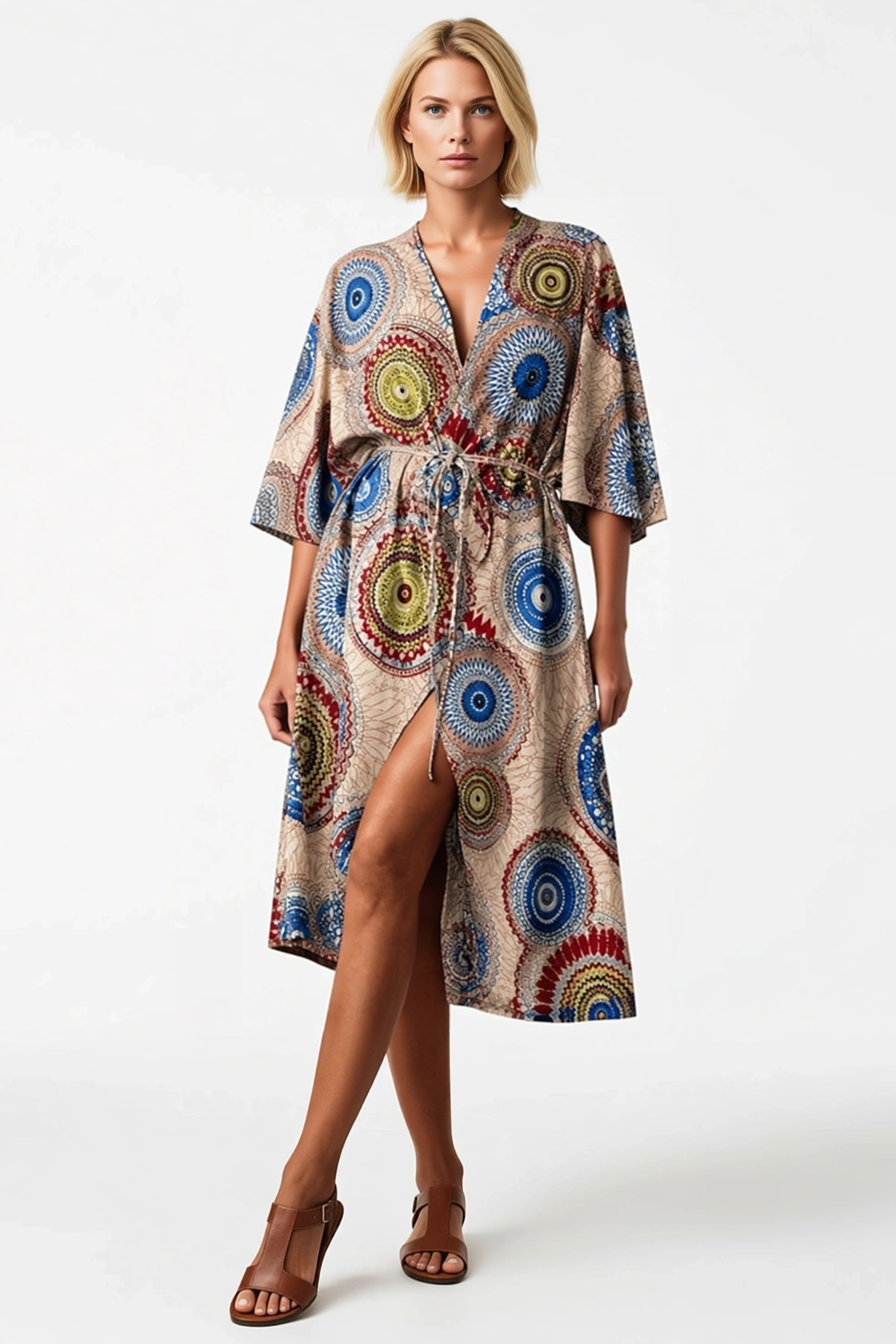 Kadın Kısa Kollu Önü Açık Belden Kuşaklı Uzun Kimono Mandala Desenli Plaj Üstü Yazlık Rahat Kesim