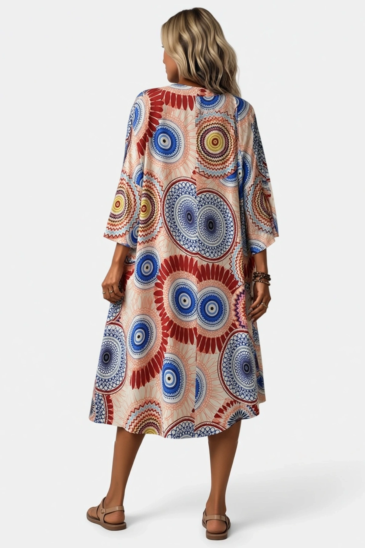 Kadın Kısa Kollu Önü Açık Belden Kuşaklı Uzun Kimono Mandala Desenli Plaj Üstü Yazlık Rahat Kesim