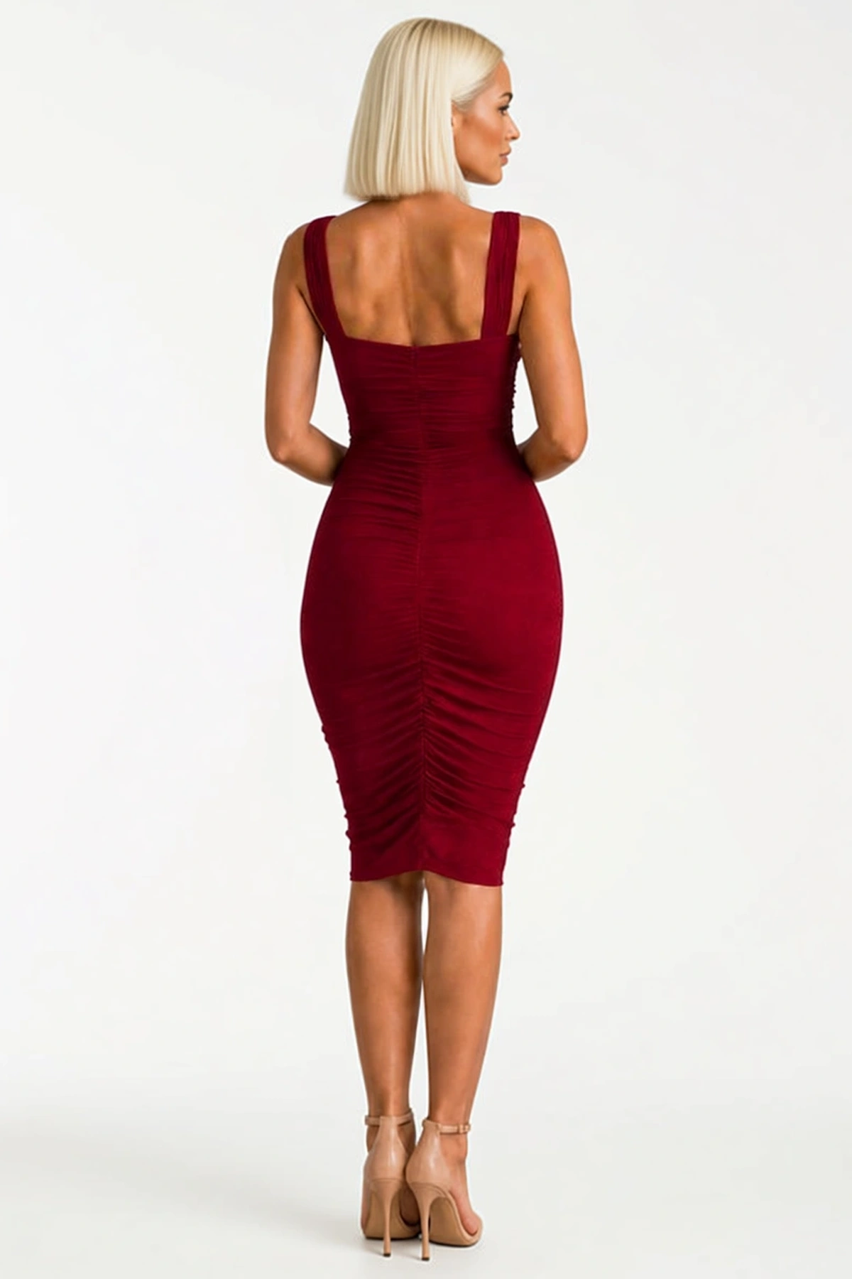 Kadın Kalın Askılı Kare Yaka Büzgülü Sandy Elbise Vücuda Oturan Dizaltı Boy Davet Gece Modeli Modern