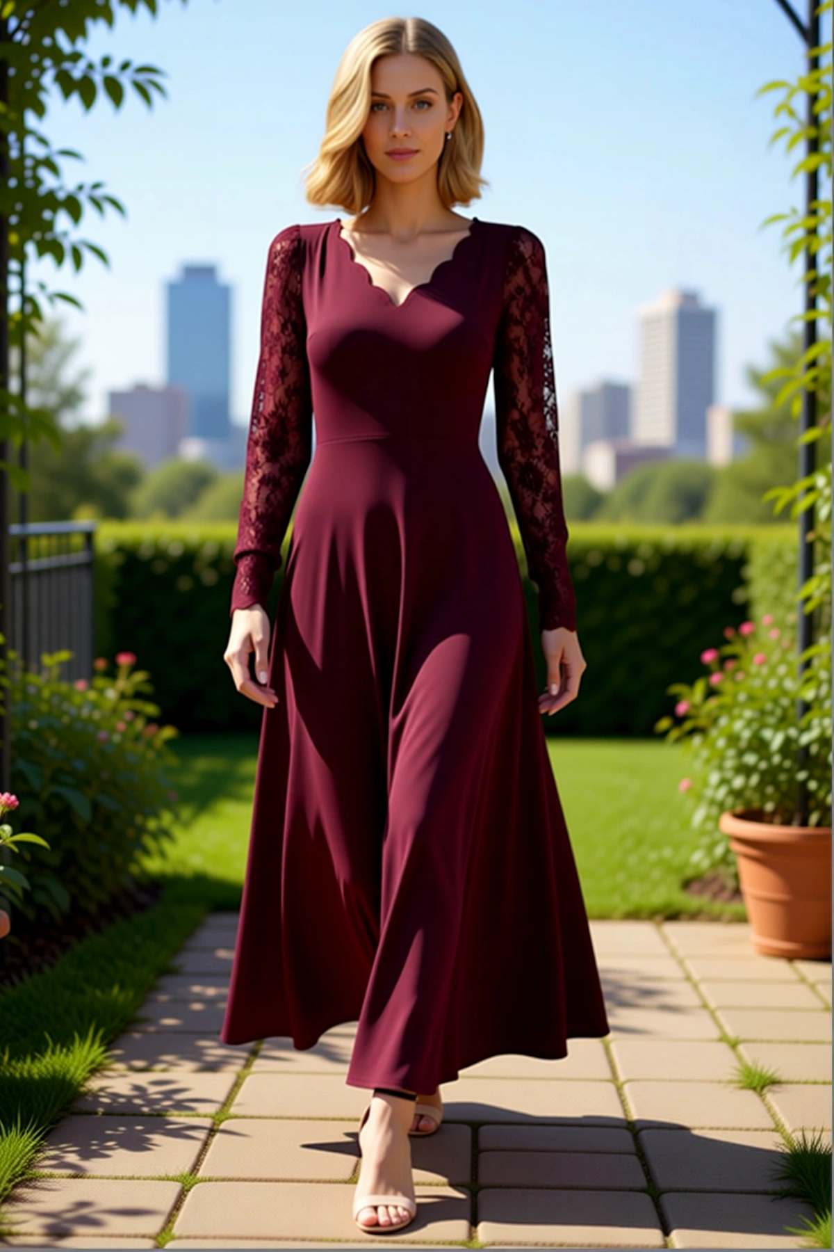 Kadın Uzun Kollu Dalgalı V Yakalı Dantelli Janjan Krep Elbise Kloş Etek Zarif Günlük Rahat Modern