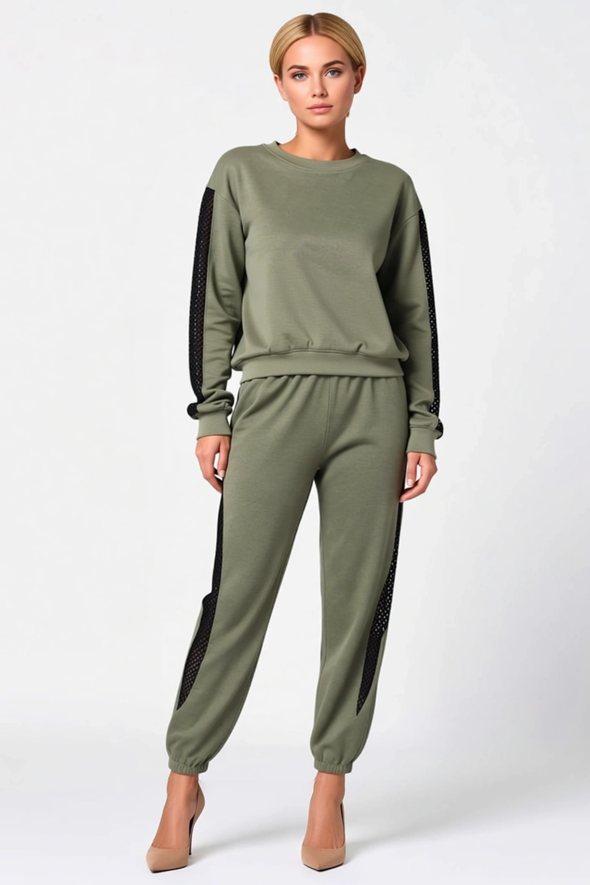 İkili Takım Bisiklet Yakalı File Tül Detaylı Viskon İki İplik Sweatshirt Jogger Pantolon Rahat