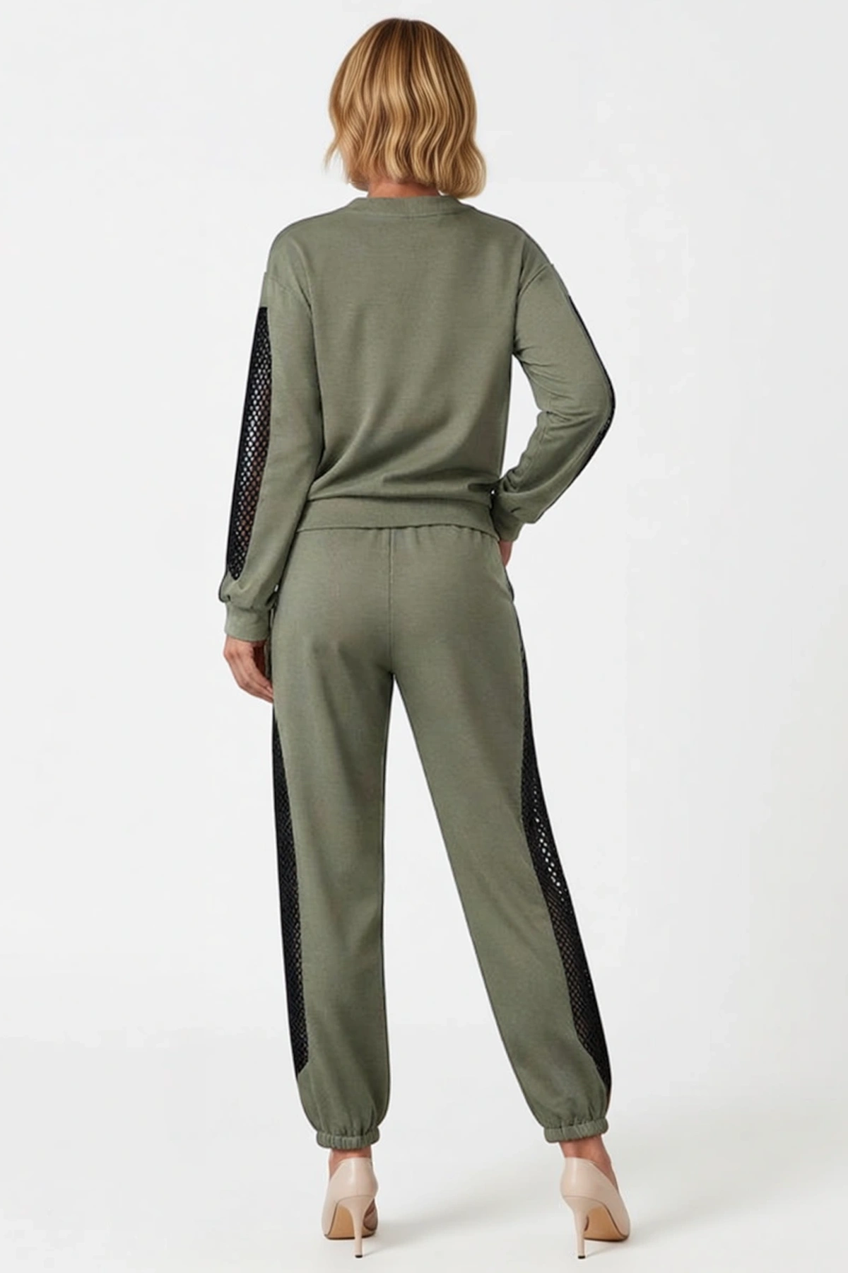 İkili Takım Bisiklet Yakalı File Tül Detaylı Viskon İki İplik Sweatshirt Jogger Pantolon Rahat