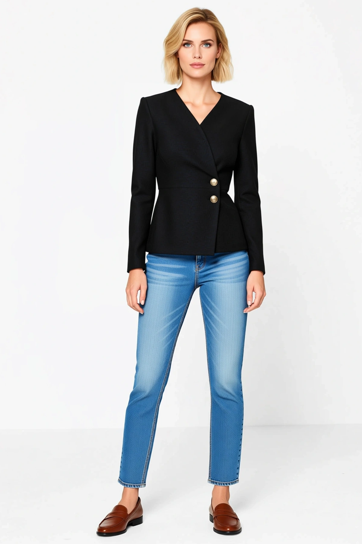 Kadın Uzun Kollu Kruvaze Yaka Düğmeli Asimetrik Kesim Peplum Etekli İthal Krep Ceket Ofis Modern