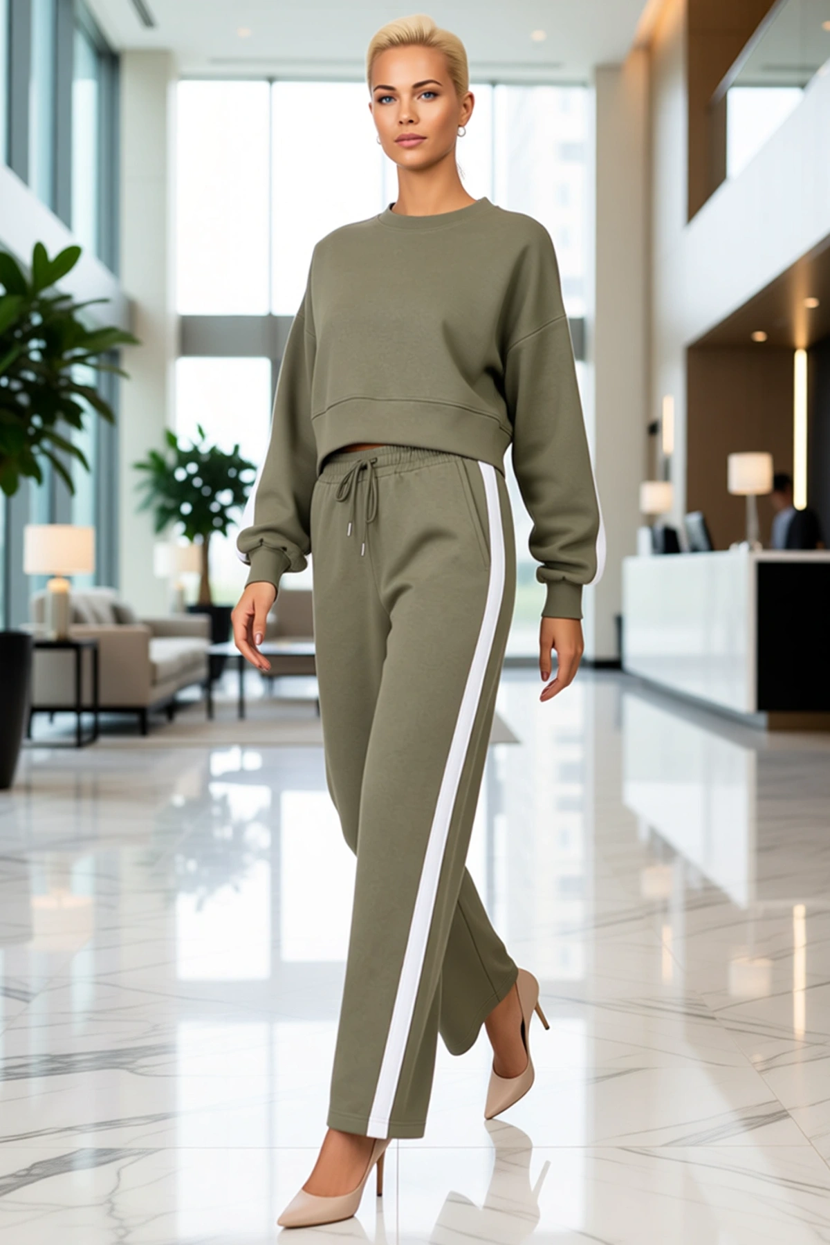 Kadın Sweatshirt Pantolon İkili Takım Uzun Kollu Bisiklet Yakalı Yan Şeritli Viskon İki İplik