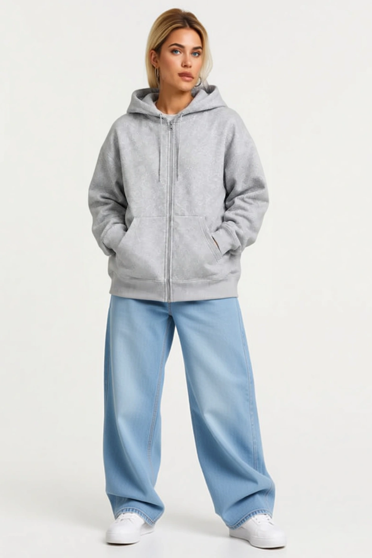 Kadın Üç İplik Şardonlu Tam Fermuarlı Kapüşonlu Sweatshirt Arka Çanta Detaylı Oversize Rahat Kesim