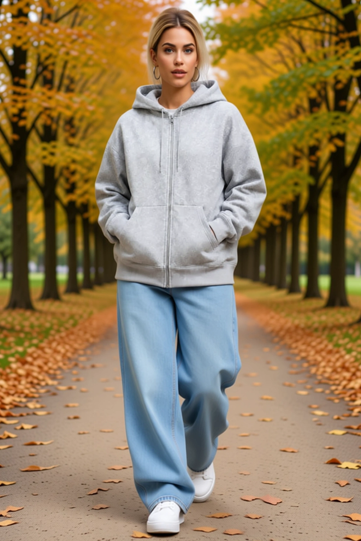 Kadın Üç İplik Şardonlu Tam Fermuarlı Kapüşonlu Sweatshirt Arka Çanta Detaylı Oversize Rahat Kesim