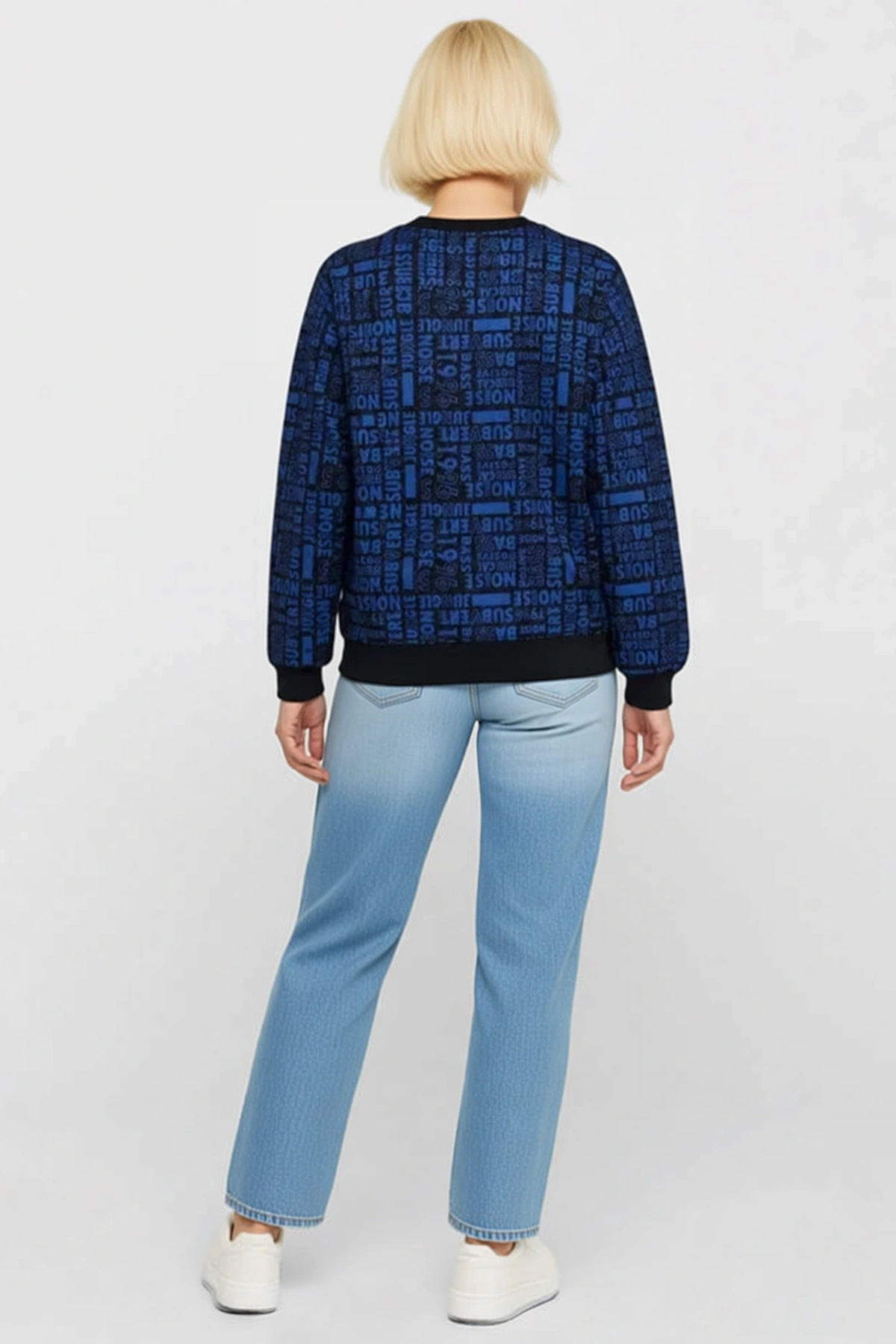 Kadın Yazı Desenli Bisiklet Yaka İki İplik Şardonlu Sweatshirt Ribanalı Uzun Kollu Rahat Günlük