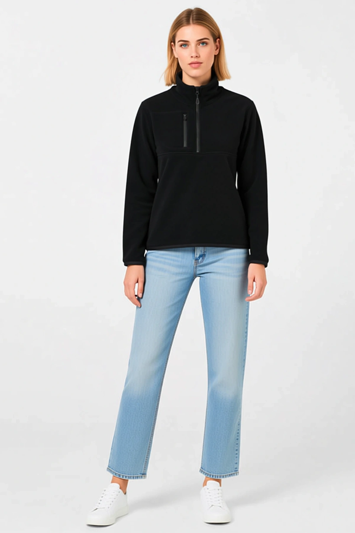 Kadın Polar Dik Yaka Yarım Fermuarlı Göğüs Cepli Regular Fit Kışlık Sweatshirt Rahat Günlük Sıcak