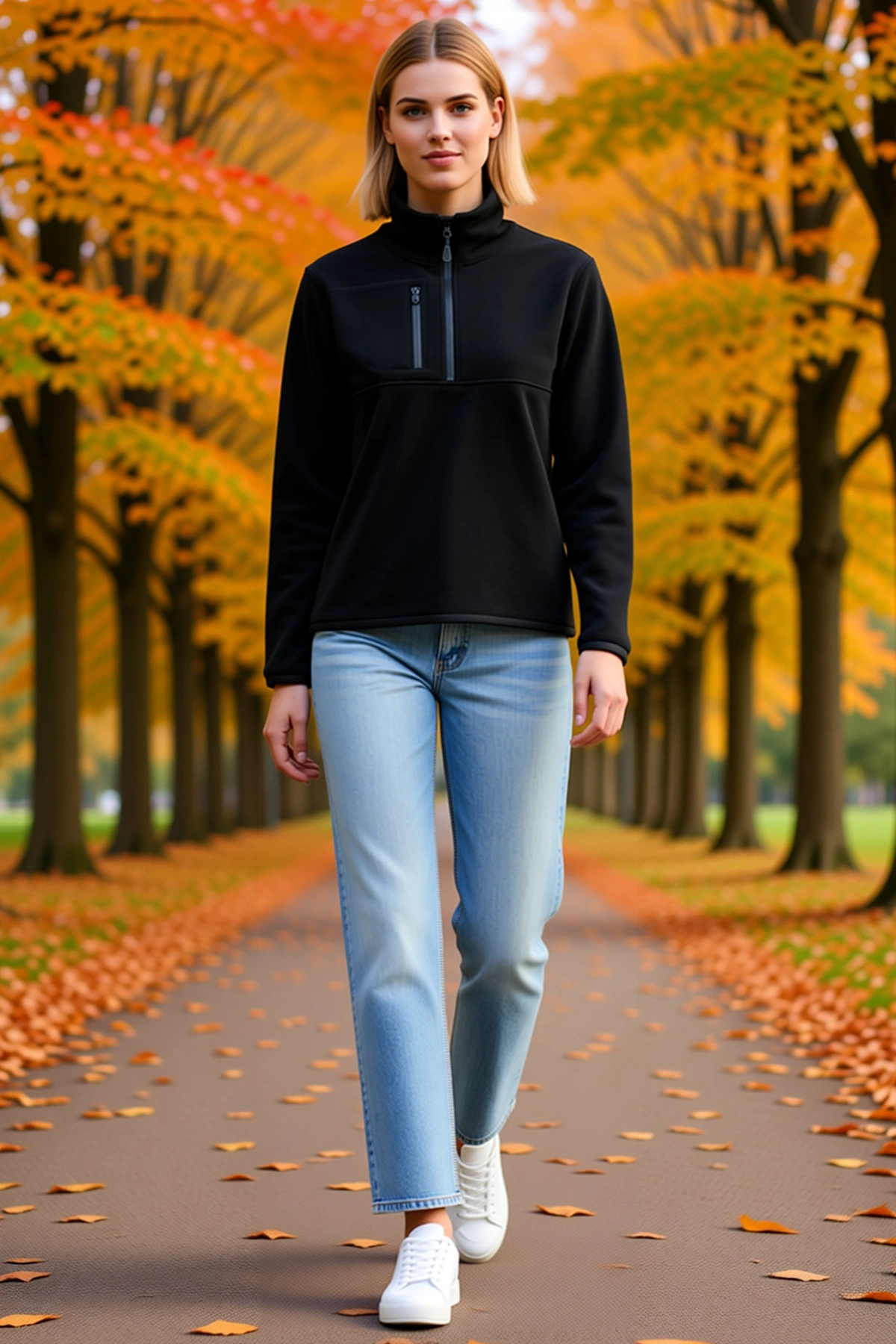 Kadın Polar Dik Yaka Yarım Fermuarlı Göğüs Cepli Regular Fit Kışlık Sweatshirt Rahat Günlük Sıcak