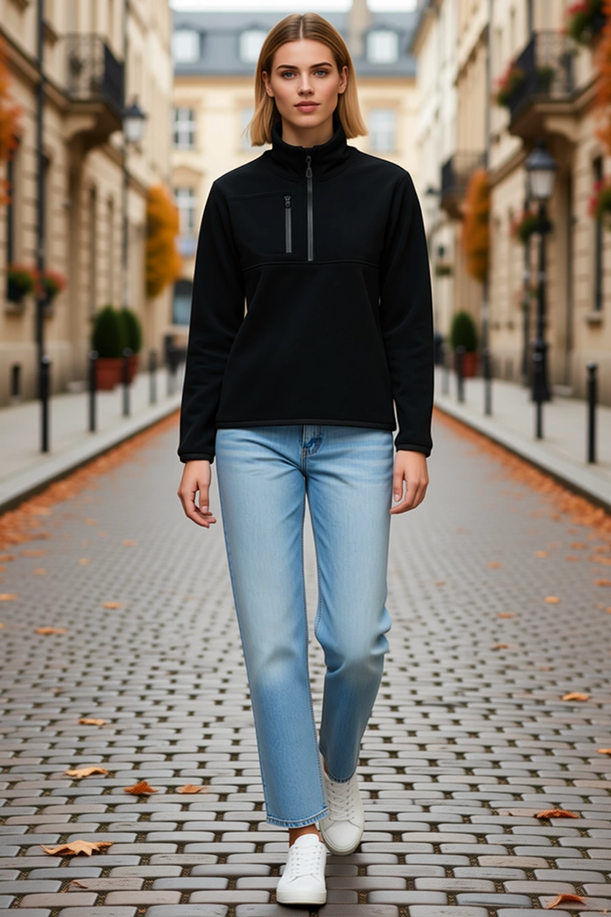 Kadın Polar Dik Yaka Yarım Fermuarlı Göğüs Cepli Regular Fit Kışlık Sweatshirt Rahat Günlük Sıcak