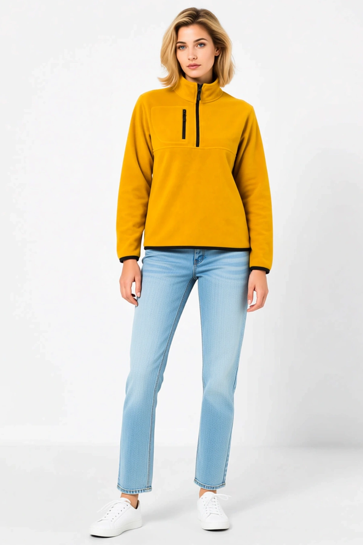 Kadın Polar Dik Yaka Yarım Fermuarlı Göğüs Cepli Regular Fit Kışlık Sweatshirt Rahat Günlük Kesim