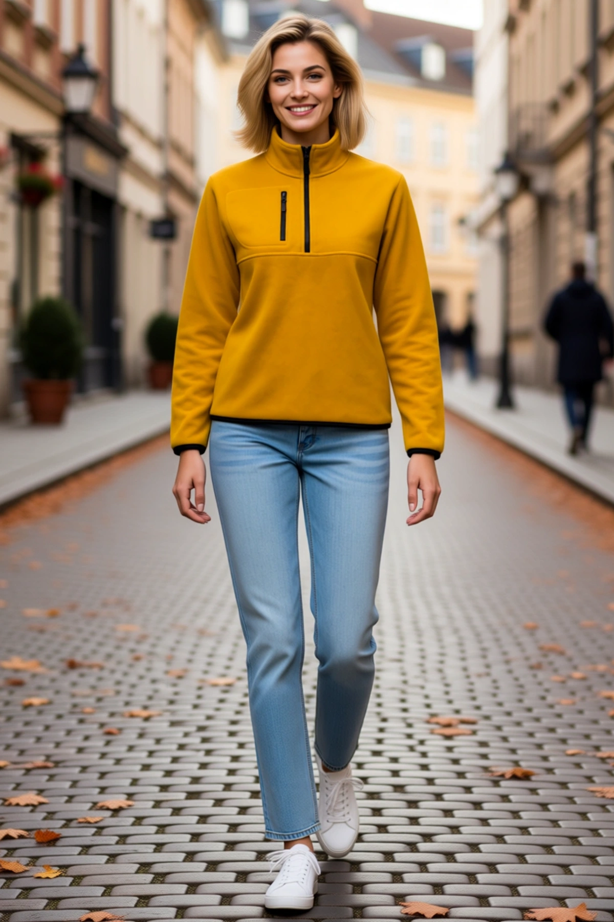 Kadın Polar Dik Yaka Yarım Fermuarlı Göğüs Cepli Regular Fit Kışlık Sweatshirt Rahat Günlük Kesim