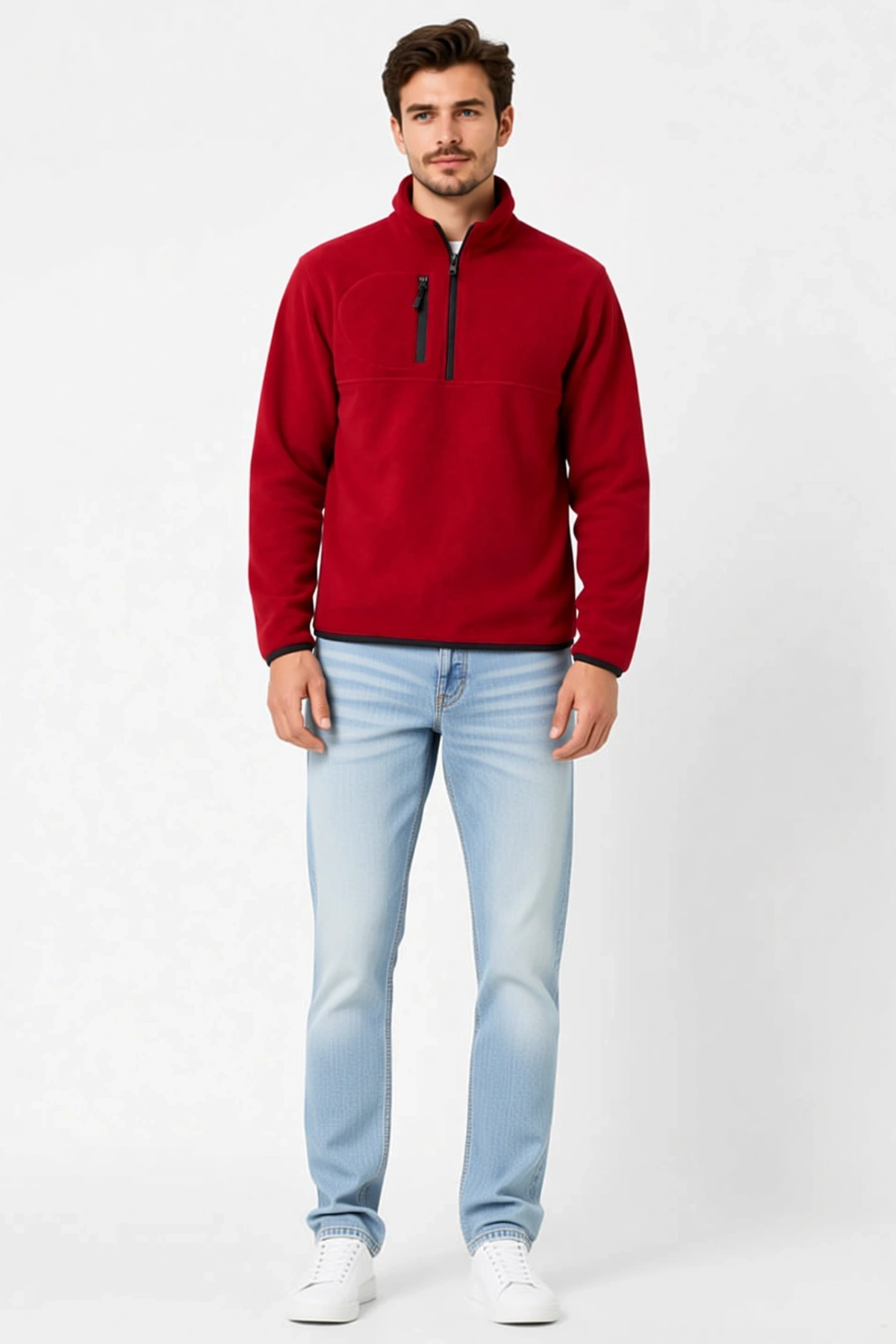 Erkek Polar Dik Yaka Yarım Fermuarlı Göğüs Cepli Regular Fit Kışlık Sweatshirt Konforlu Günlük Kesim