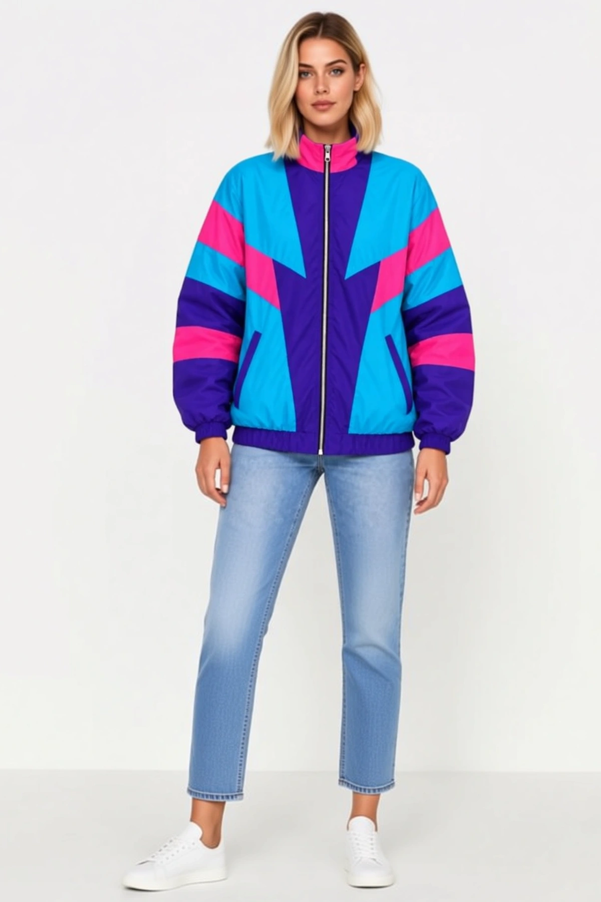 Kadın Retro Vintage Dijital Baskılı Fermuarlı Rüzgar Kesici Mevsimlik Bomber Ceket Dik Yaka Cepli