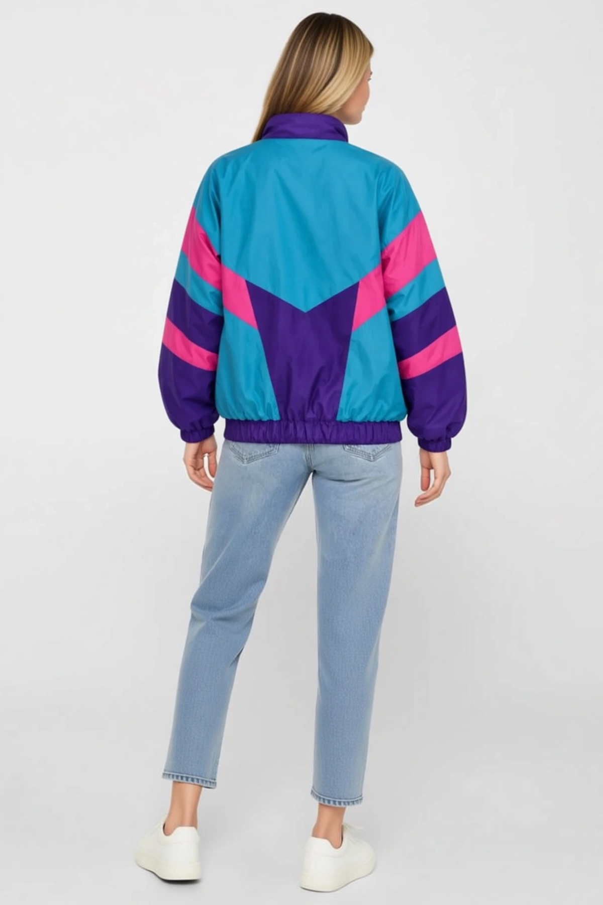 Kadın Retro Vintage Dijital Baskılı Fermuarlı Rüzgar Kesici Mevsimlik Bomber Ceket Dik Yaka Cepli