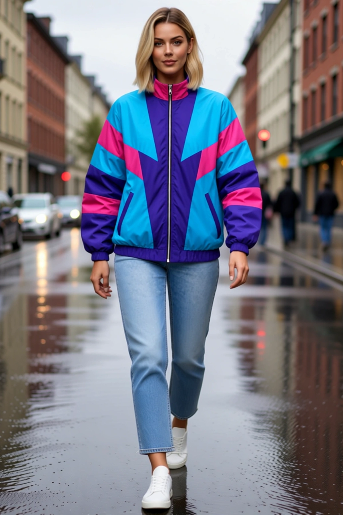 Kadın Retro Vintage Dijital Baskılı Fermuarlı Rüzgar Kesici Mevsimlik Bomber Ceket Dik Yaka Cepli