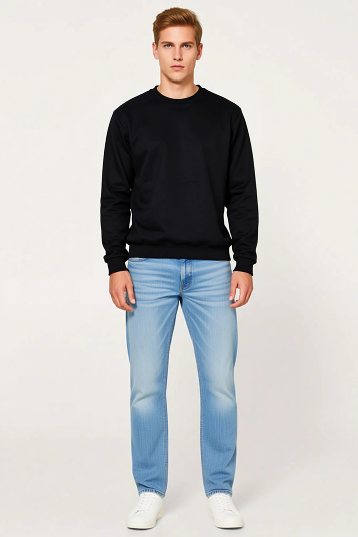 Erkek Bisiklet Yaka Sweatshirt İçi Şardonlu İki İplik Düz Uzun Kollu Regular Fit Rahat Günlük Kesim