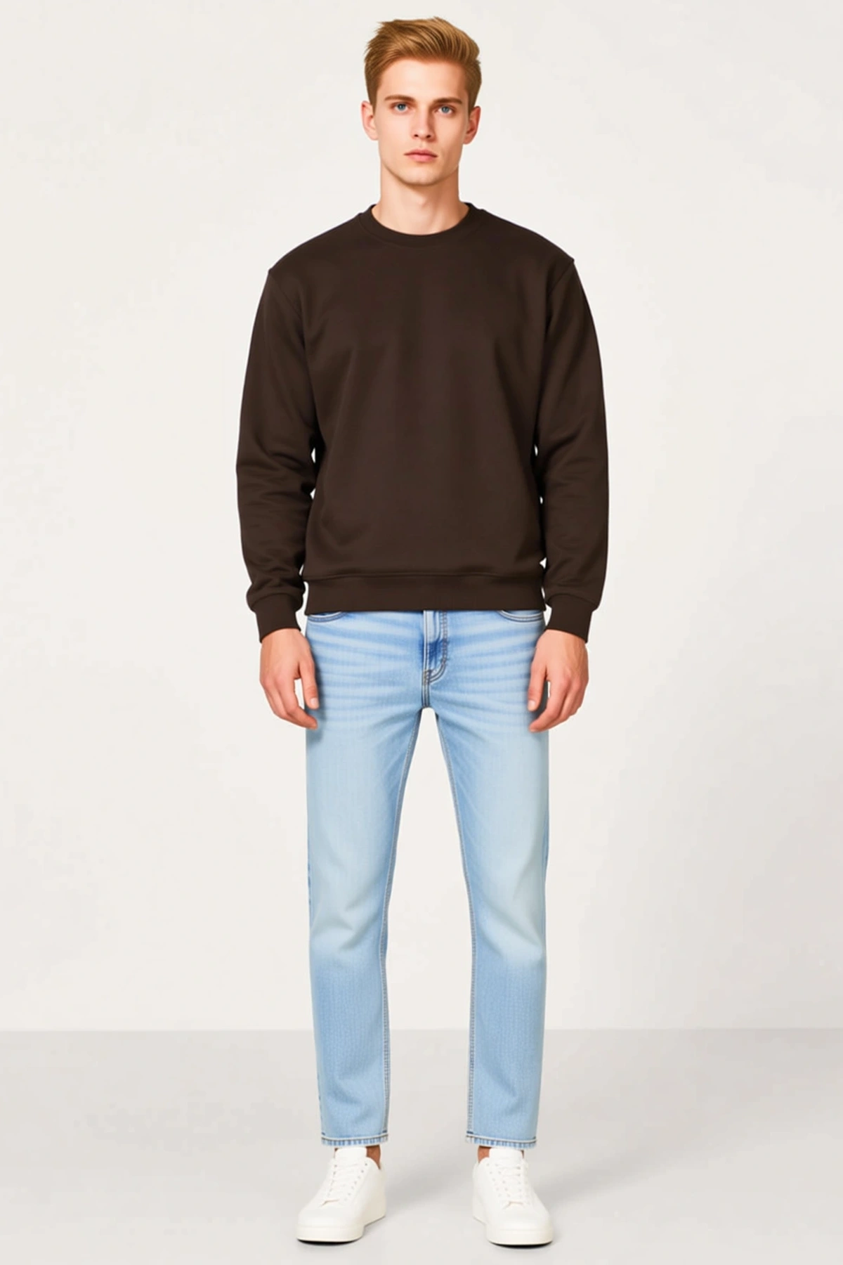Erkek Sweatshirt Bisiklet Yaka Regular Fit İçi Şardonlu İki İplik Düz Uzun Kollu Günlük Rahat Model