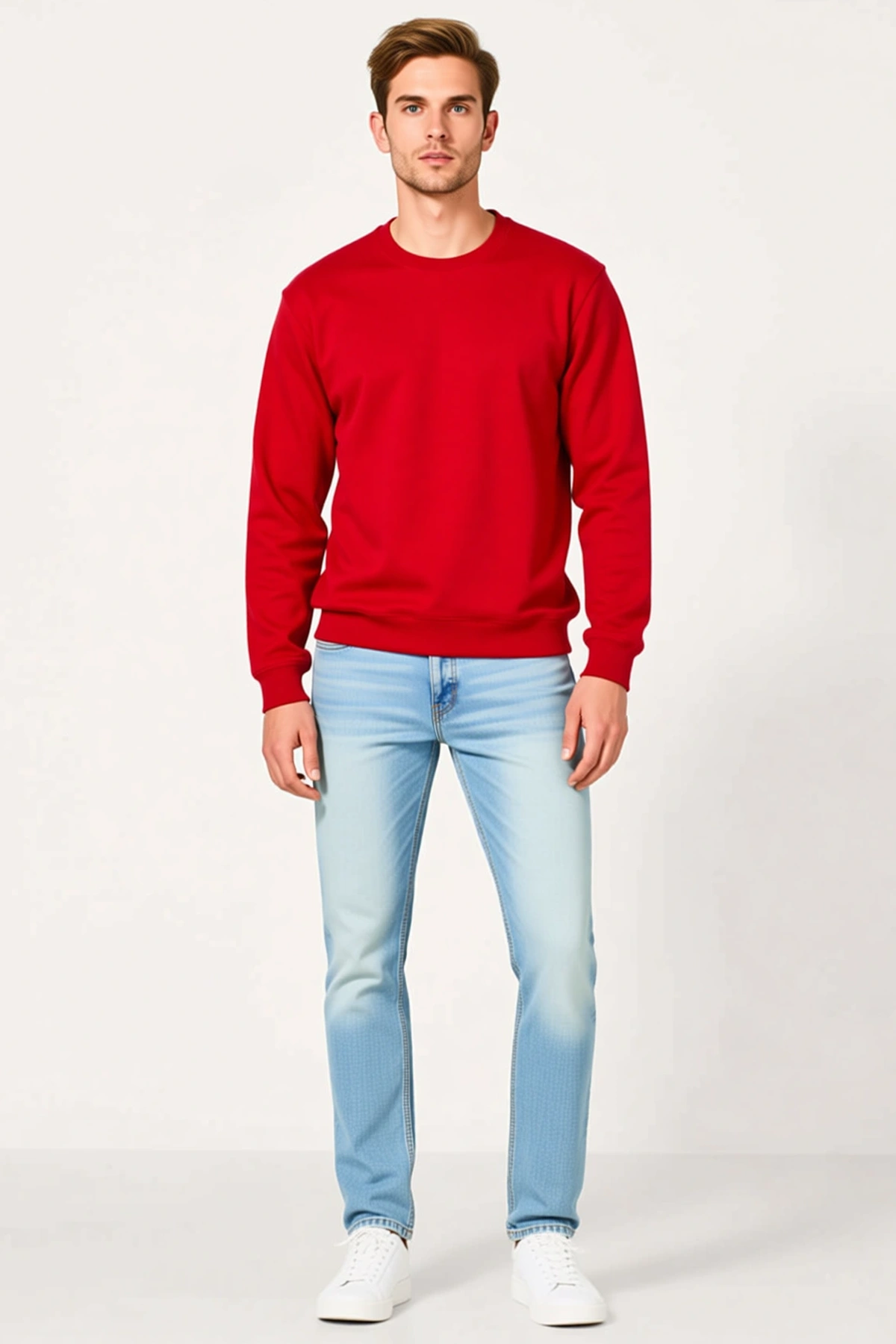 Erkek Bisiklet Yaka Sweatshirt Düz Uzun Kollu Regular Fit İçi Şardonlu İki İplik Canlı Tonlu Günlük