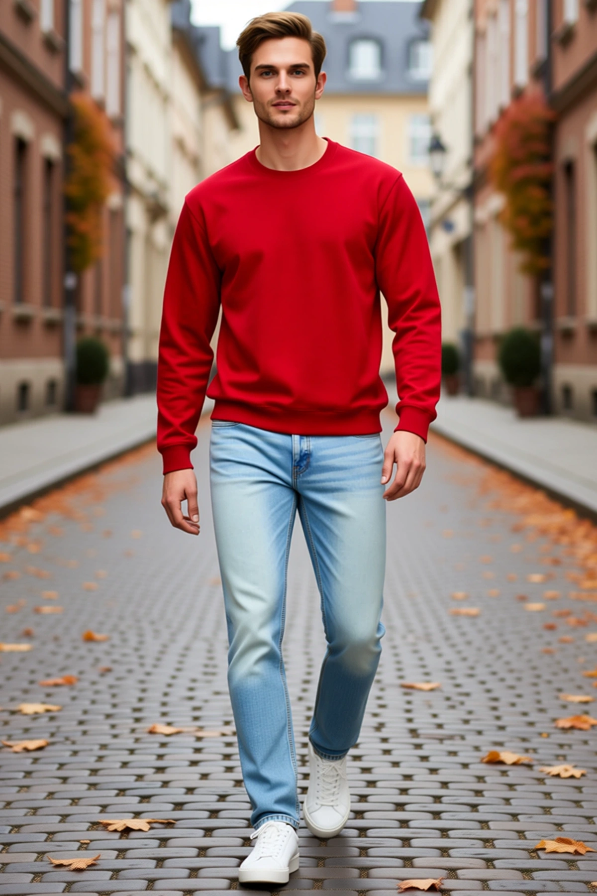 Erkek Bisiklet Yaka Sweatshirt Düz Uzun Kollu Regular Fit İçi Şardonlu İki İplik Canlı Tonlu Günlük