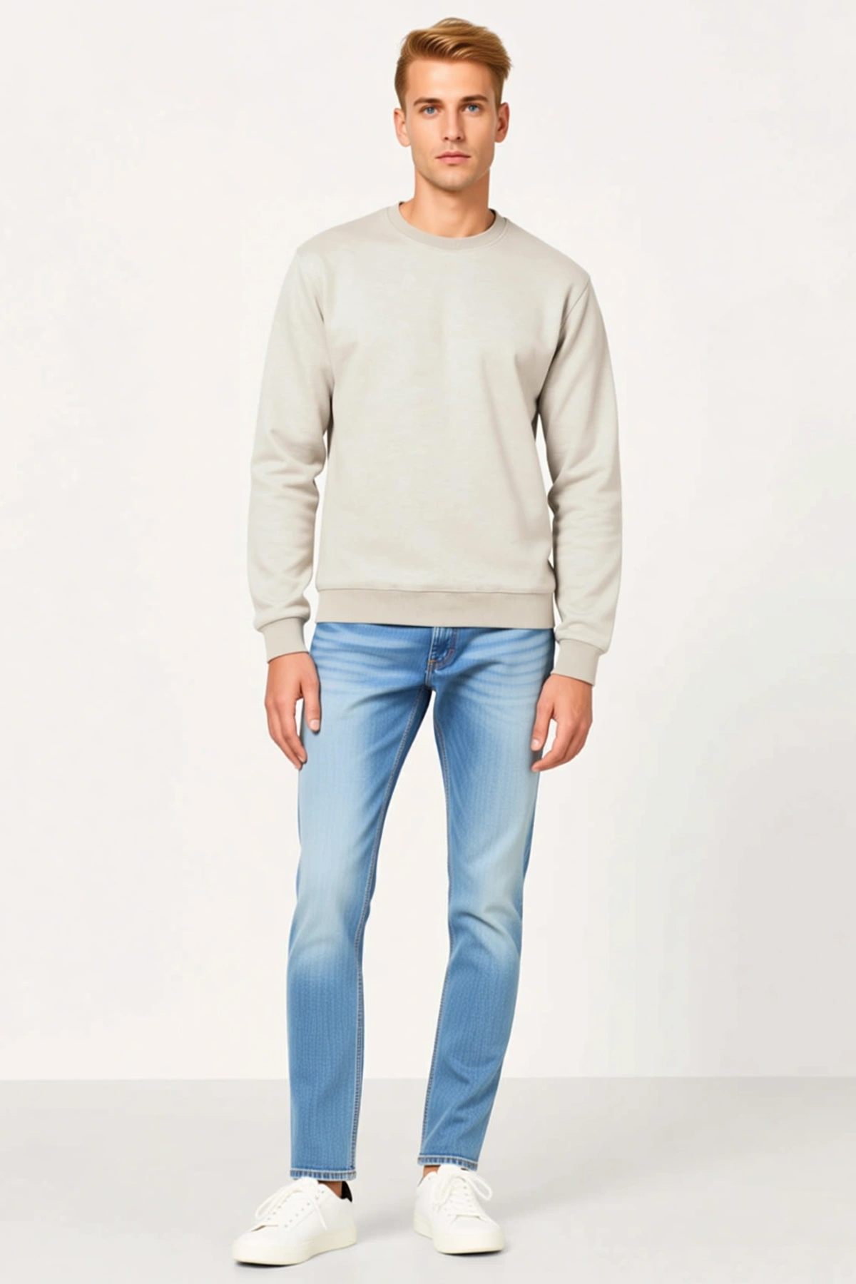 Erkek Bisiklet Yaka Sweatshirt Melanj Görünümlü Düz Uzun Kollu Regular Fit İçi Şardonlu İki İplik