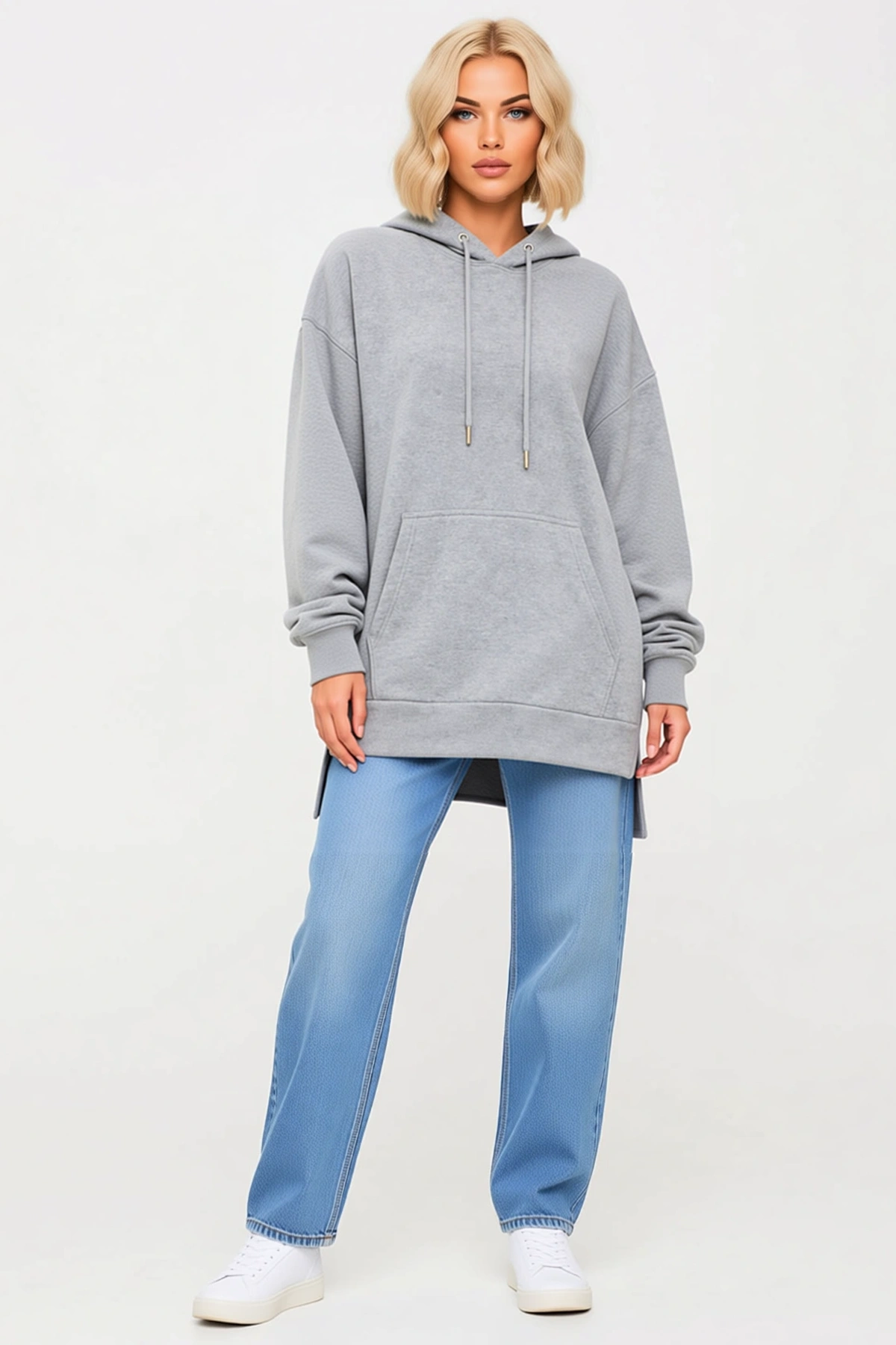 Kadın Uzun Kollu Kapşonlu Bağcıklı Yanlardan Fermuarlı Şardonlu İki İplik Sweatshirt Oversize Rahat